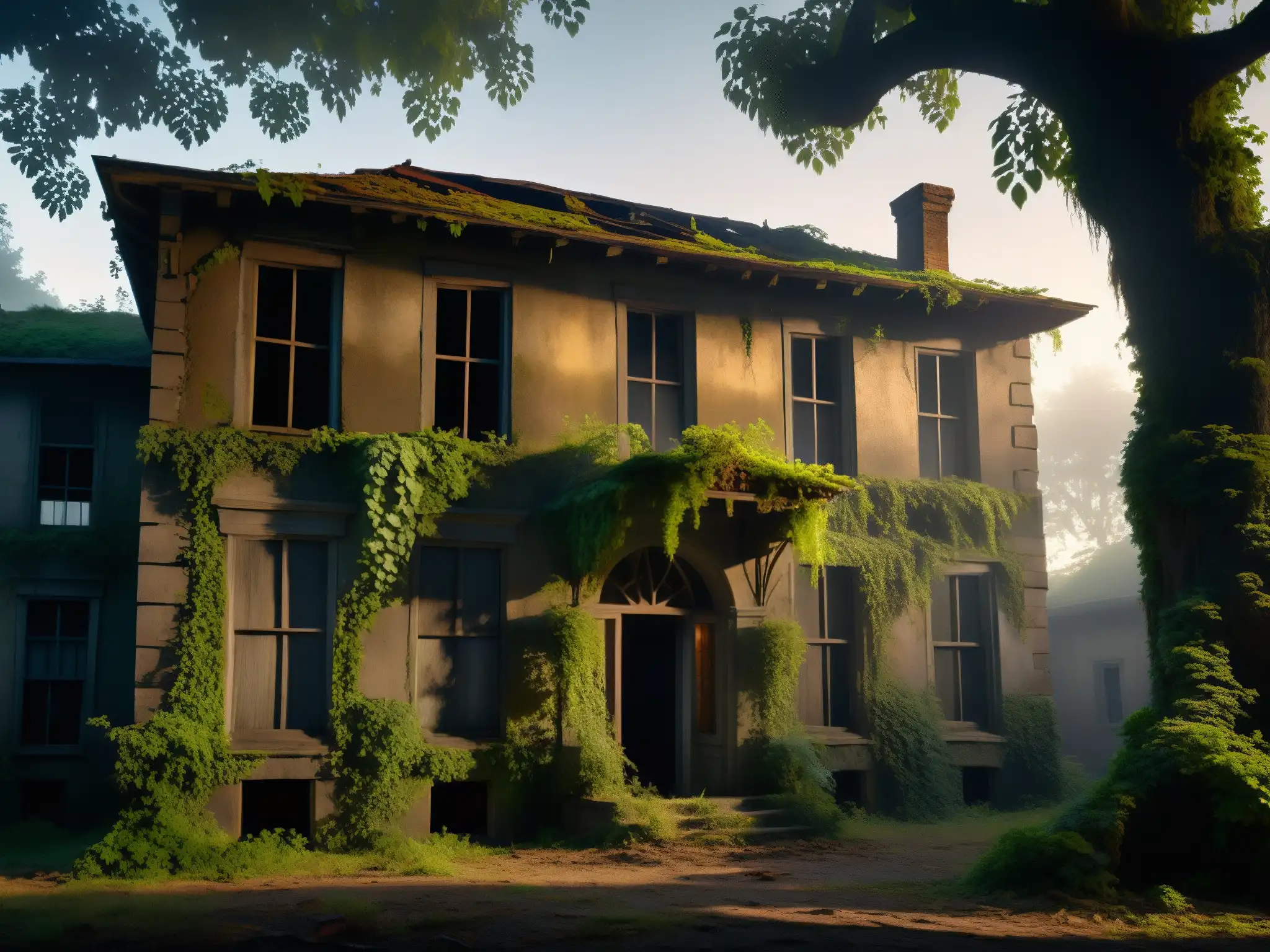 Casa abandonada envuelta en misterio y suspense Una casa abandonada y tenebrosa envuelta en niebla, con ventanas tapiadas y enredaderas, crea un ambiente de misterio