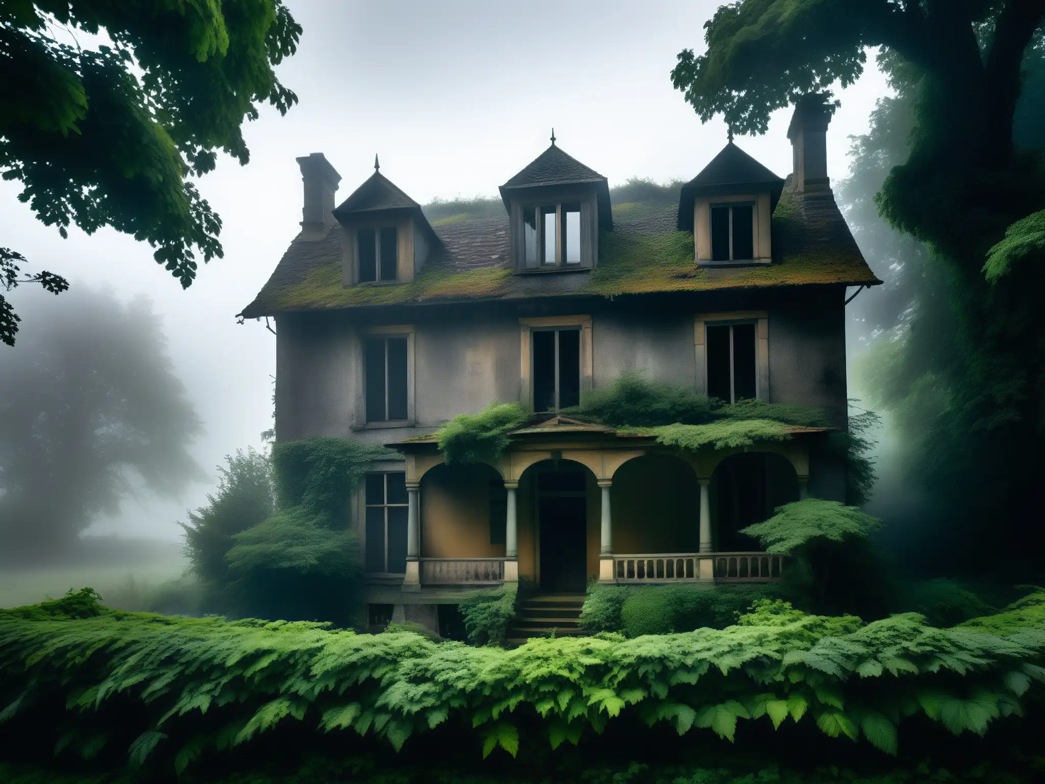Foto impactante de una casa antigua y misteriosa envuelta en niebla Una casa antigua y deteriorada, envuelta en niebla con sombras inquietantes, evocando la atmósfera enigmática de una leyenda de casa encantada