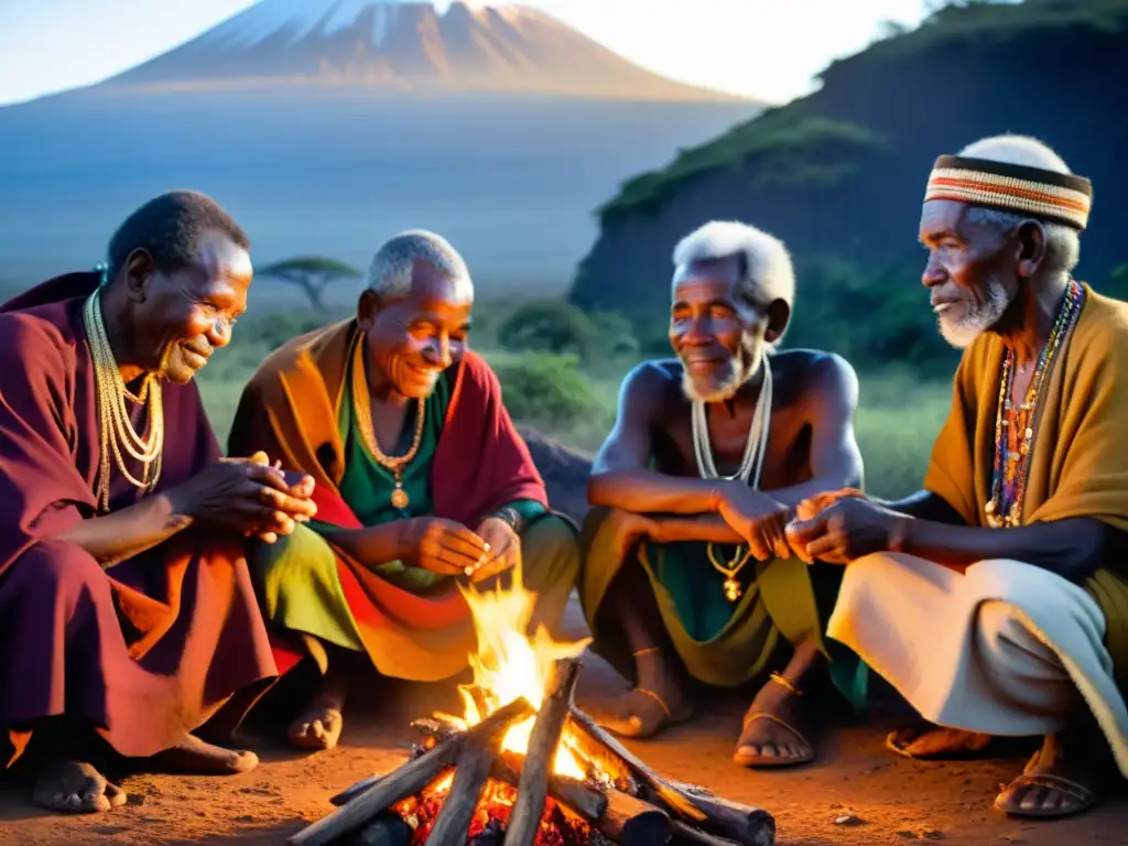 Ritual ancestral de los Chagga junto al Kilimanjaro Chagga elders realizan ritual junto al fuego en el Kilimanjaro, transmitiendo mitos y rituales chagga kilimanjaro en un entorno místico y ancestral