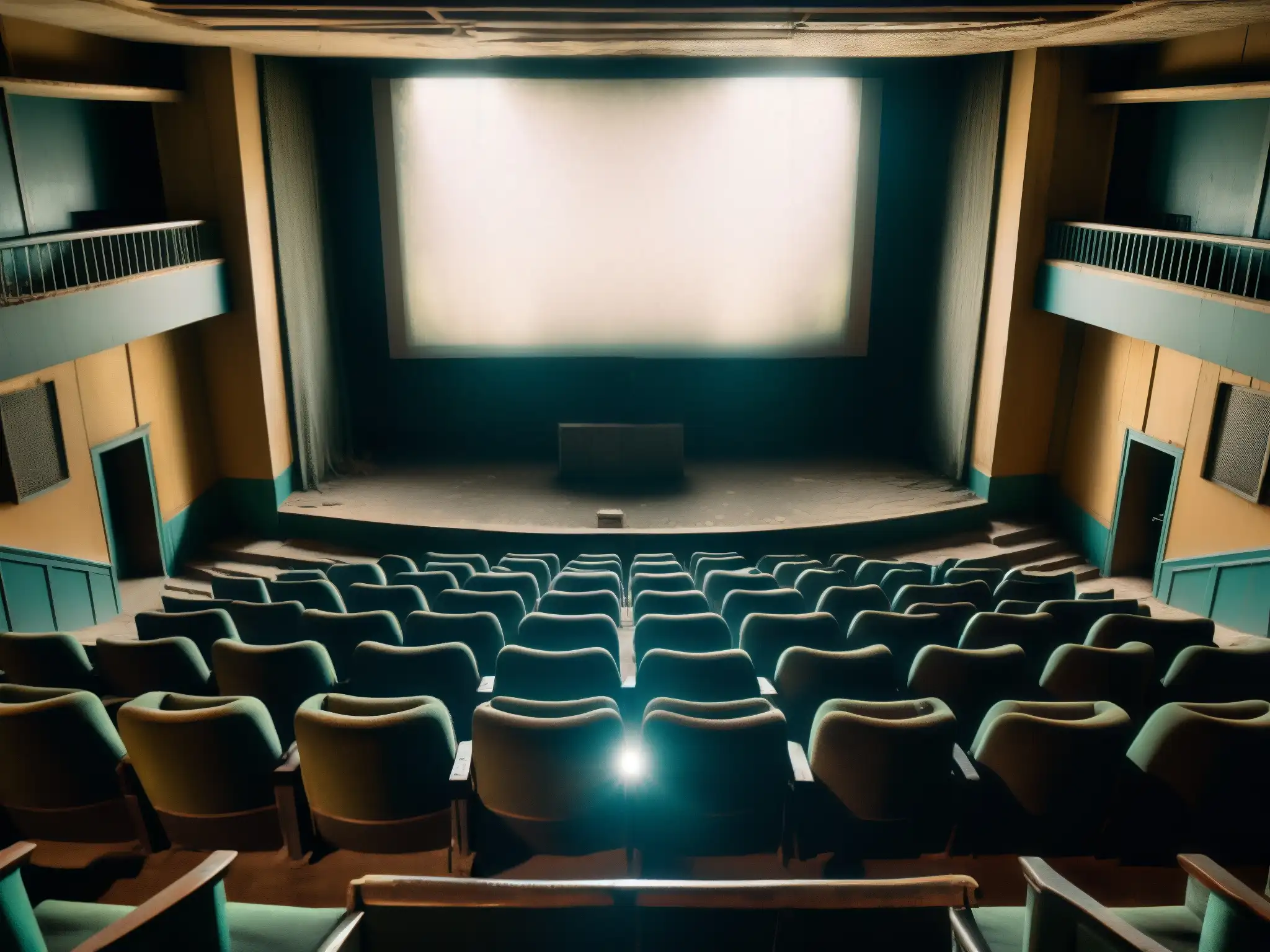 Teatro abandonado en Mumbai: misterioso y fantasmagórico En un cine abandonado en Mumbai, se vislumbra un fantasma operador de cine Bollywood en una atmósfera misteriosa y evocadora