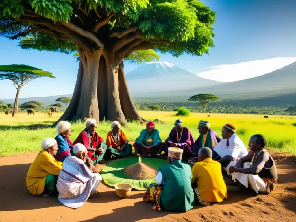 Ritual sagrado de los ancianos Chagga bajo el Kilimanjaro Un círculo de ancianos Chagga realiza un ritual bajo un árbol en las faldas del Kilimanjaro, creando una atmósfera mística