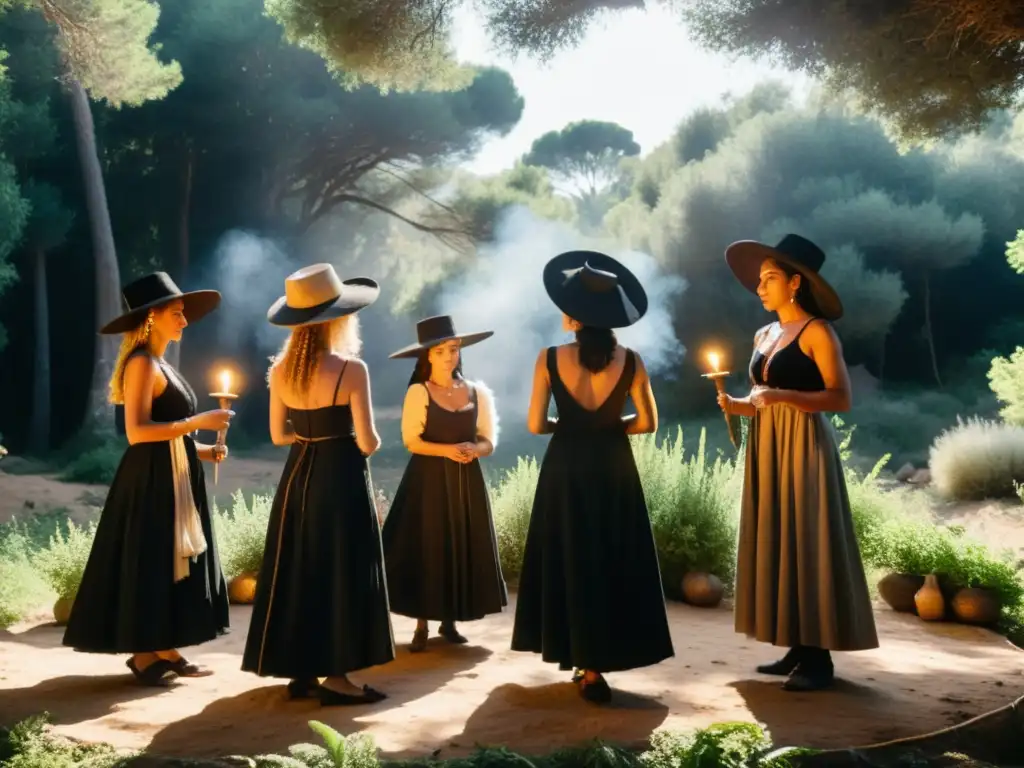 Rituales ancestrales: poder femenino en el bosque mediterráneo Un círculo de mujeres en trajes negros y sombreros puntiagudos danza en un claro del bosque mediterráneo, rodeadas de hierbas y velas