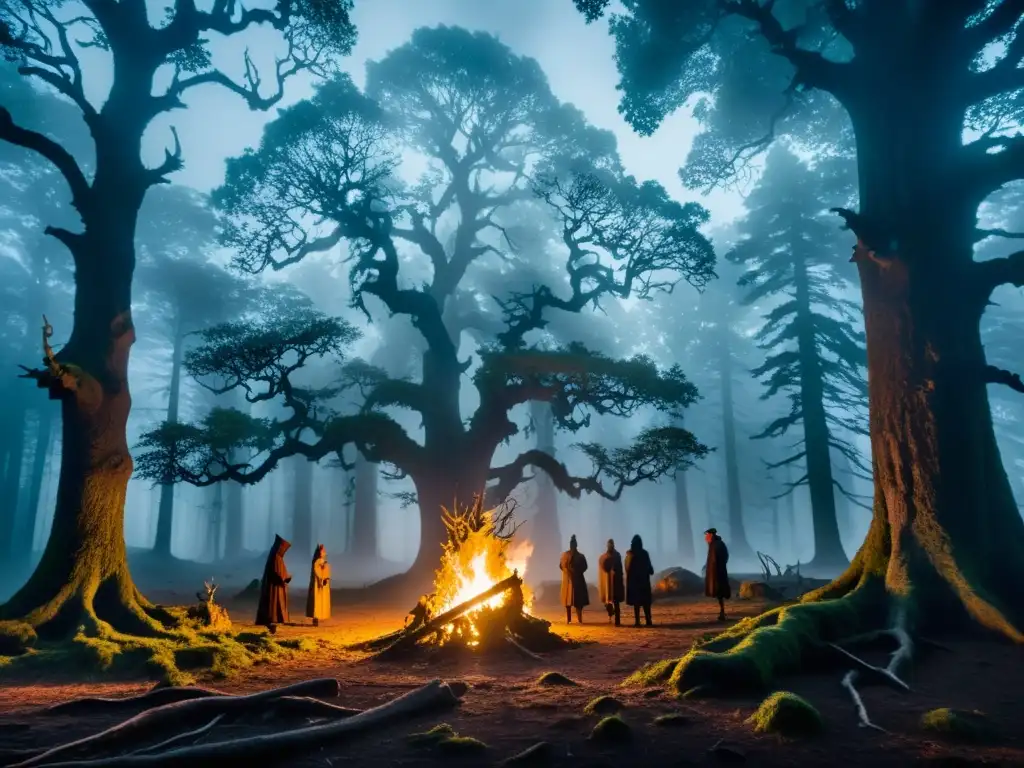 Conjuro ancestral en el bosque mediterráneo Claro de bosque misterioso y brumoso en la luz de la luna con figuras sombrías alrededor del fuego