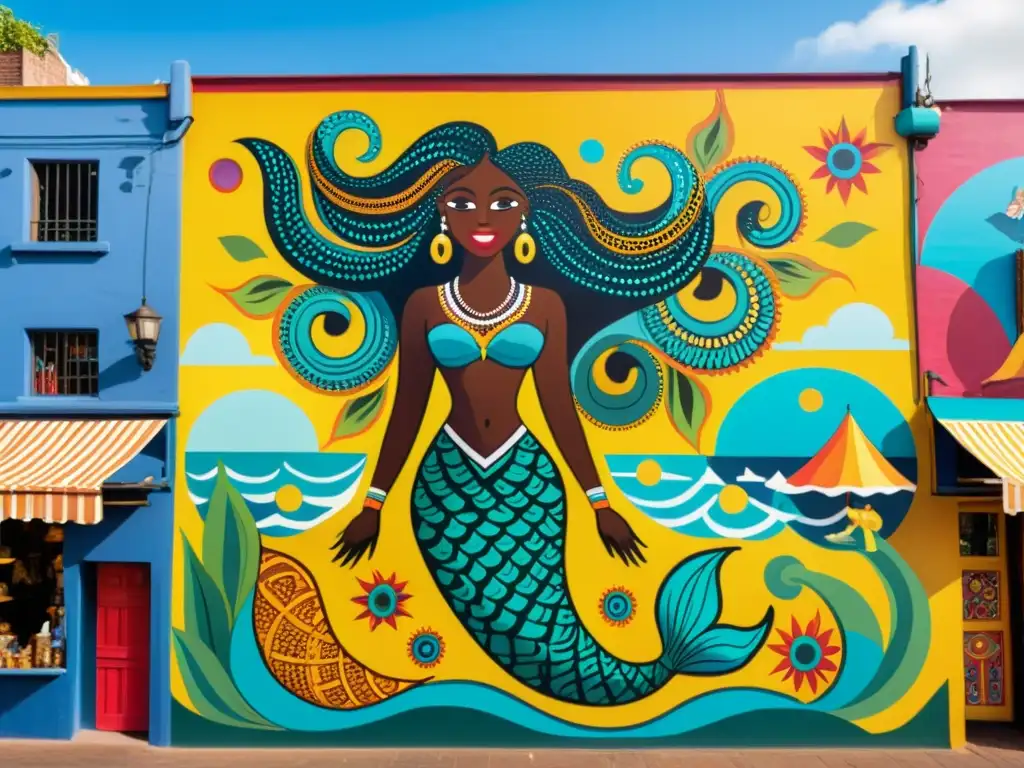 Mural de Mami Wata: leyenda ghanesa en la ciudad Colorido mural de Sirena Mami Wata en estilo ghanés, con detalles y símbolos, contrastando con la vida urbana