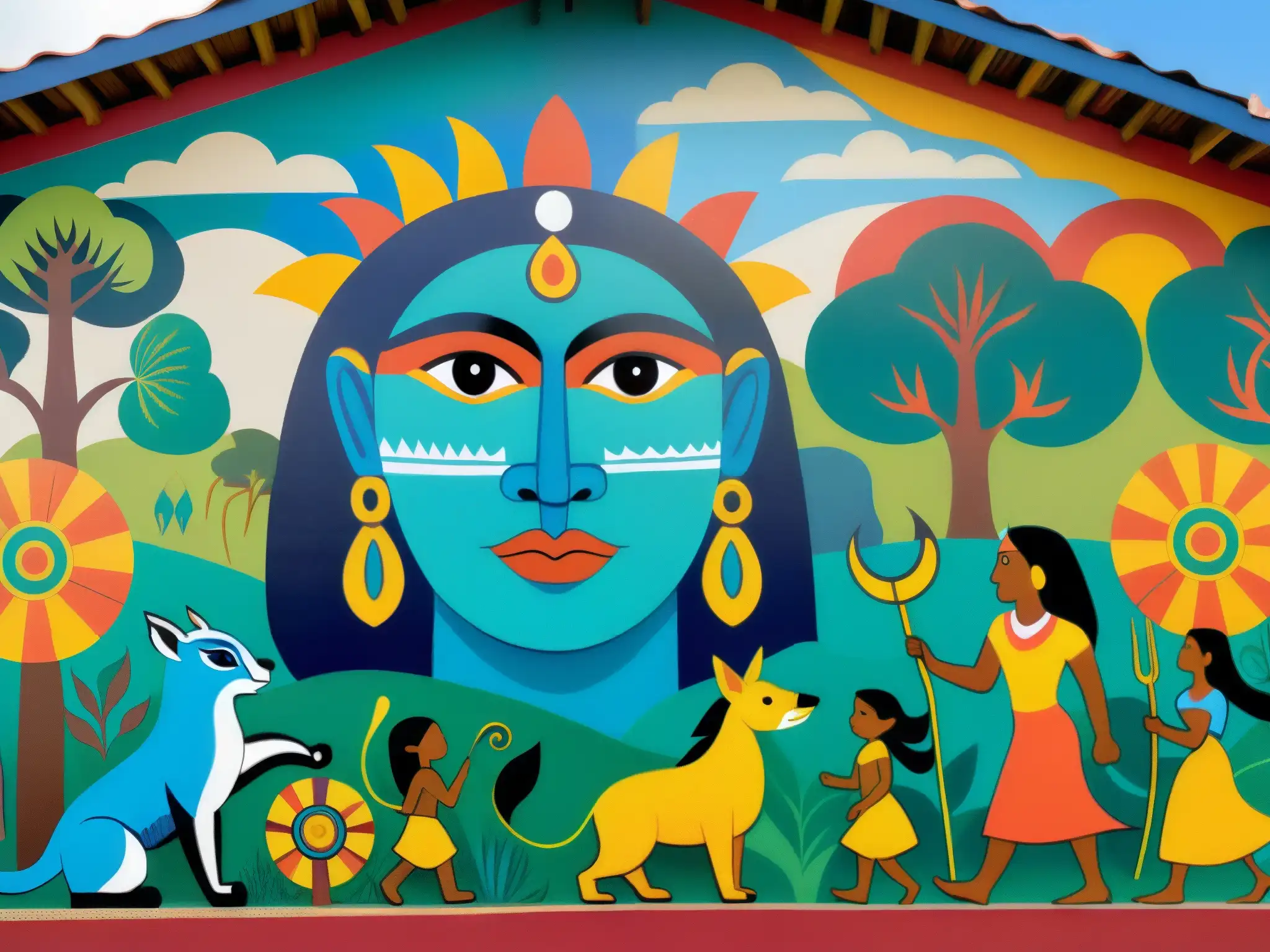 Mural vibrante de la creación guaraní: niños escuchan la antigua leyenda Colorido mural de la mitología guaraní, muestra la creación con dioses y criaturas míticas