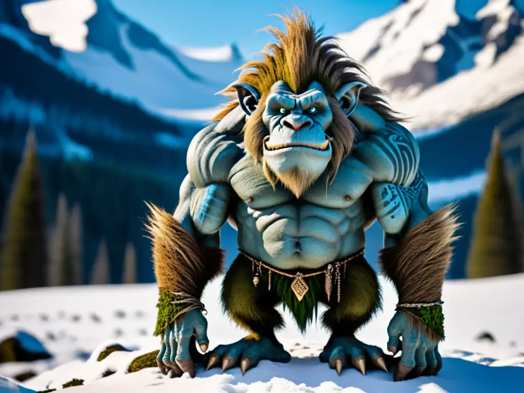 Colosal troll de montaña con mirada penetrante en paisaje nevado Un colosal troll, con piel cubierta de musgo y ojos azules penetrantes, enfrenta su antigua maldición en un paisaje nevado