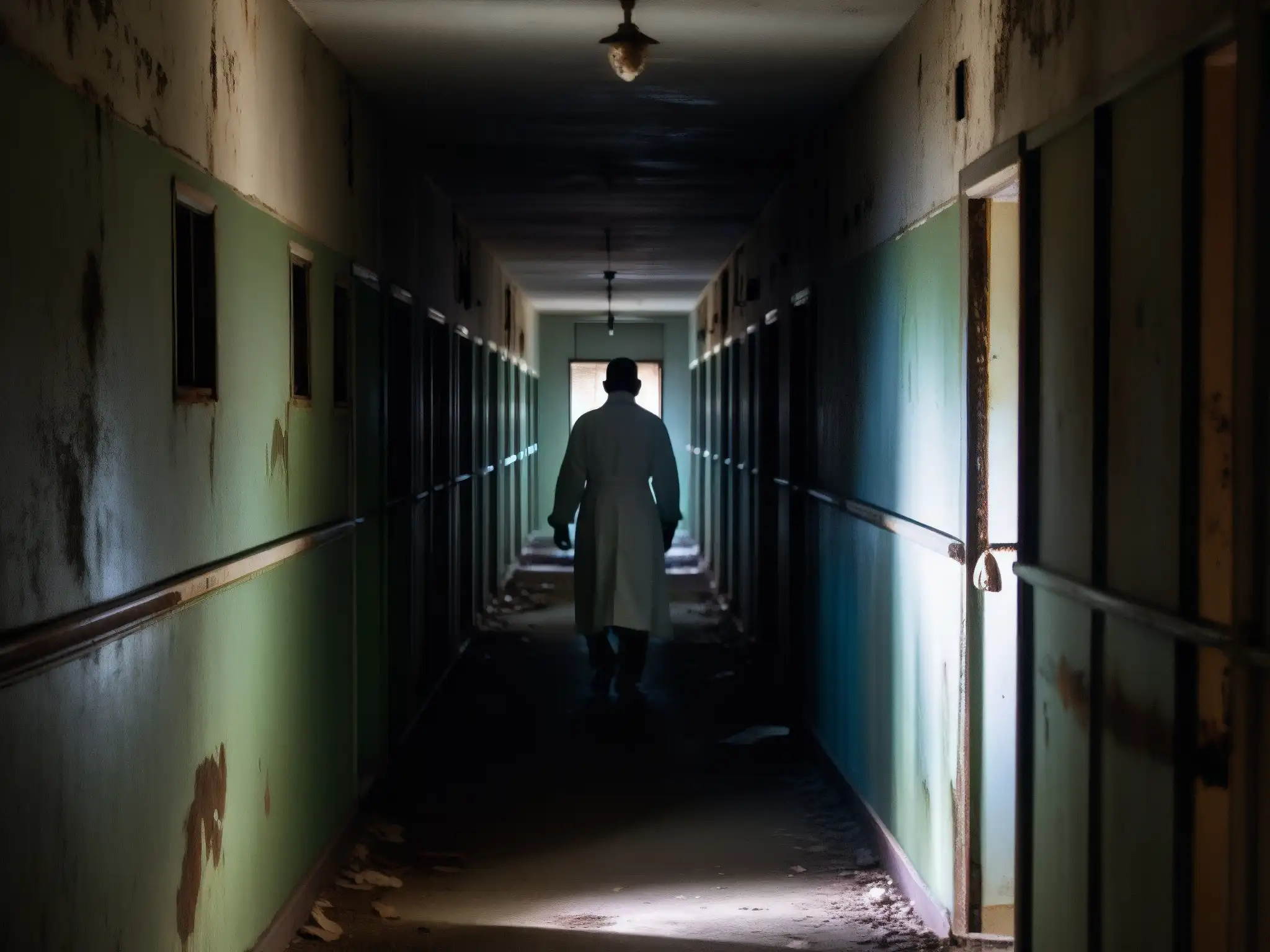 Corredor de asilo abandonado: Desesperación y locura en sombras Corredor abandonado de un asilo con camas oxidadas y figuras fantasmales, evocando psicosis inducida por leyendas urbanas