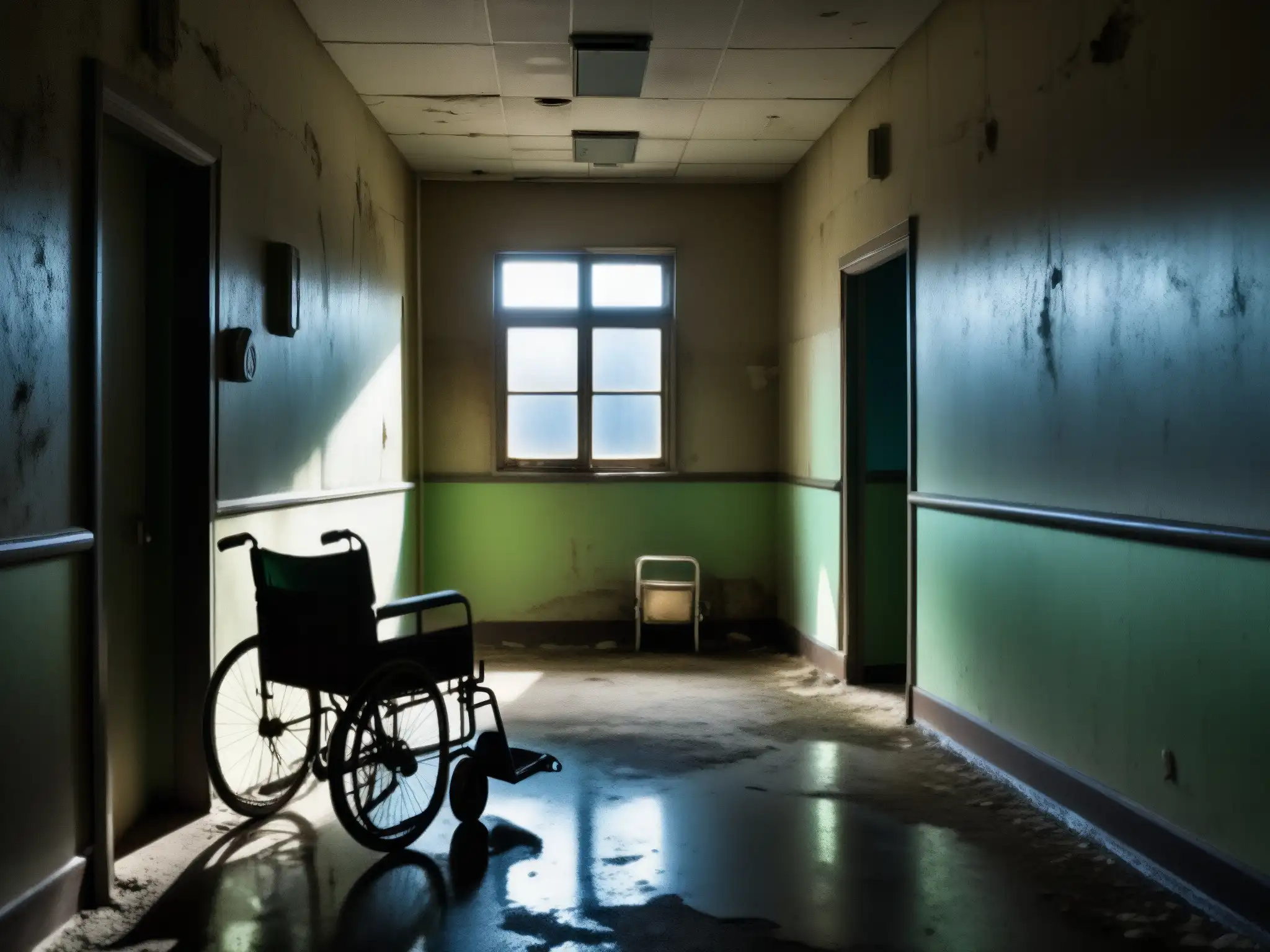 Un corredor de hospital abandonado con luces tenues y sillas de ruedas vacías