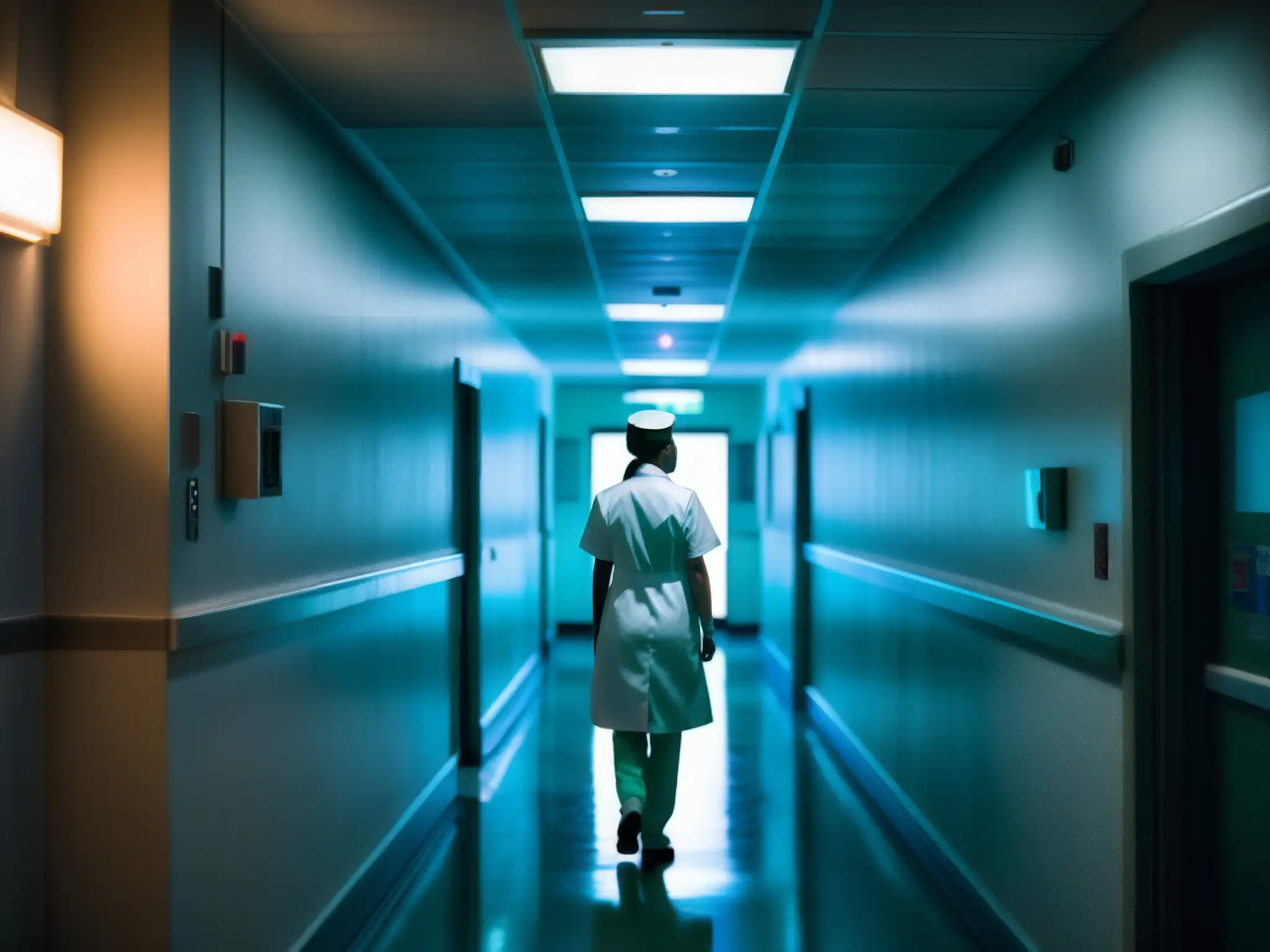 Corredor de hospital tenebroso con enfermera fantasmal Corredor de hospital lúgubre con luces tenues, figura de enfermera de espaldas
