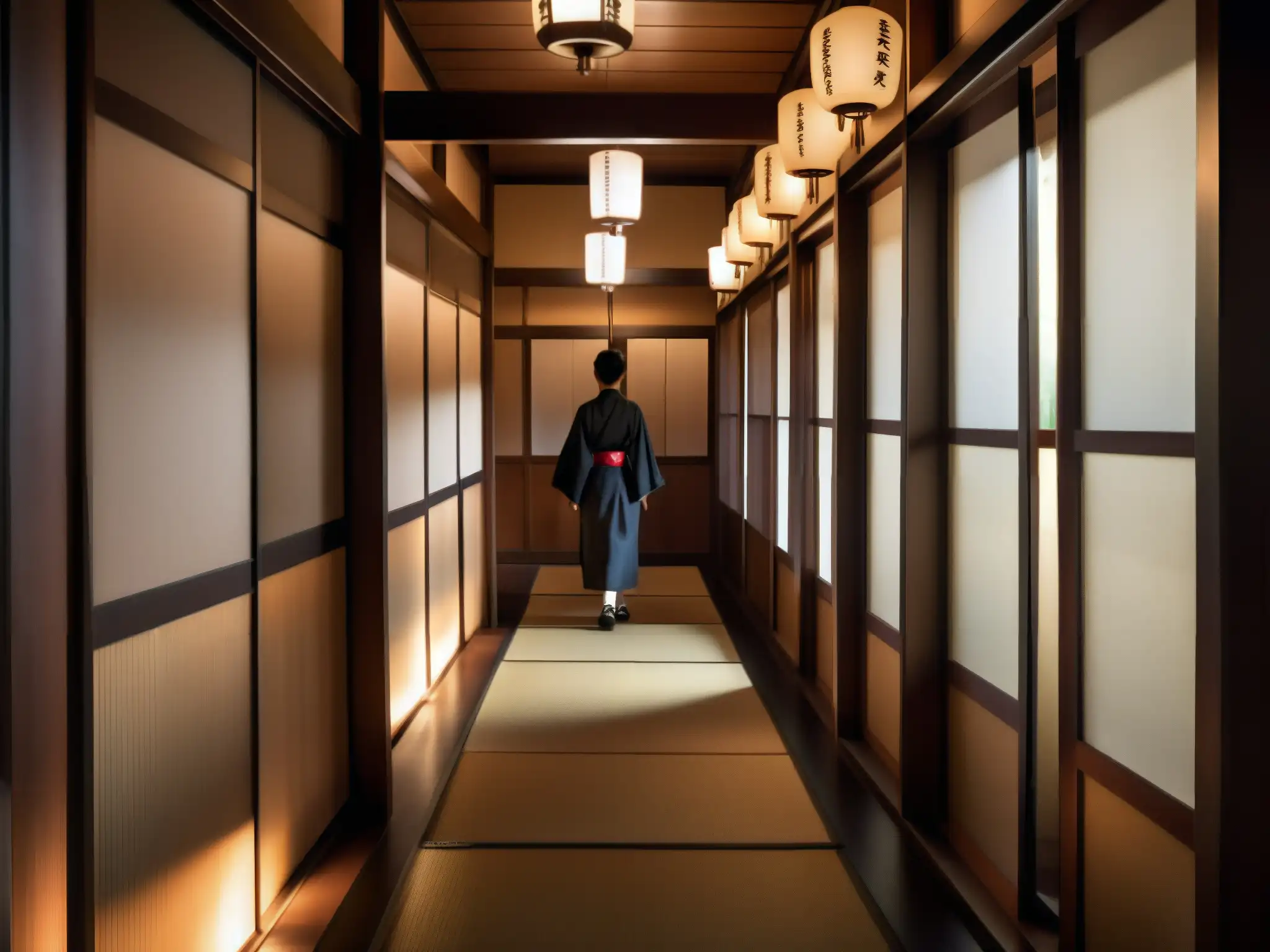 Misterioso pasillo de escuela japonesa con Hanakosan Corredor japonés tradicional iluminado por linternas, revelando la verdad detrás del mito de Hanakosan en los baños