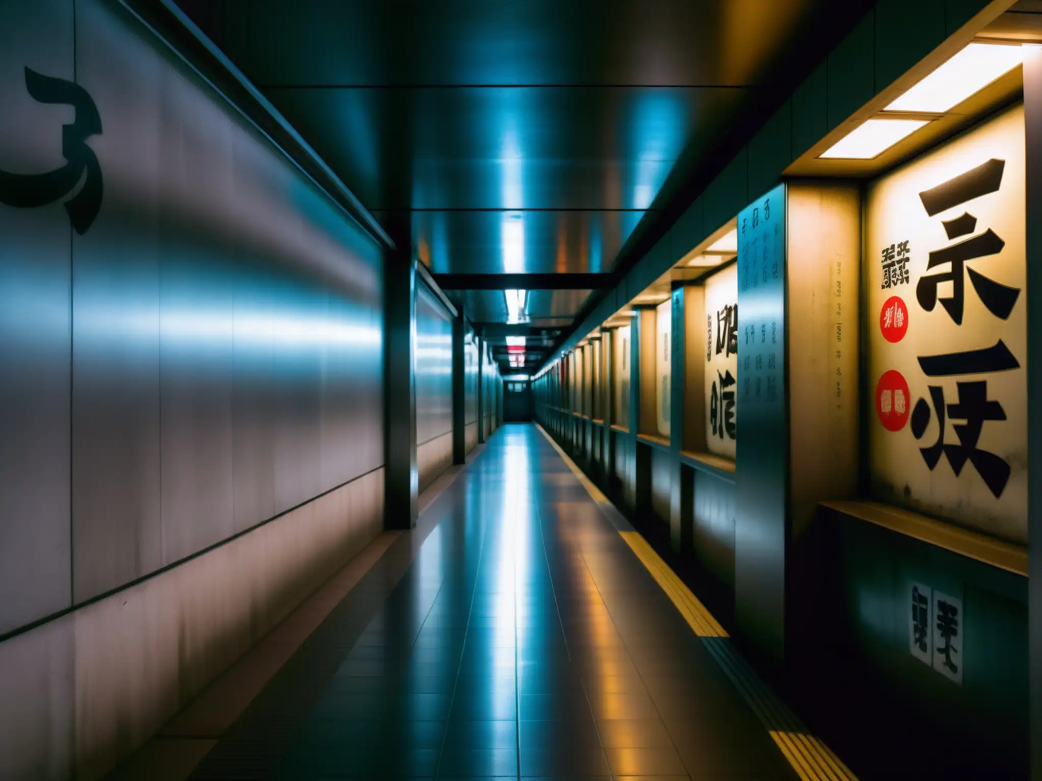 Misterio en el pasillo subterráneo del metro de Shibuya Corredor subterráneo del metro de Shibuya con historia oculta, misteriosa figura y atmósfera fantasmal