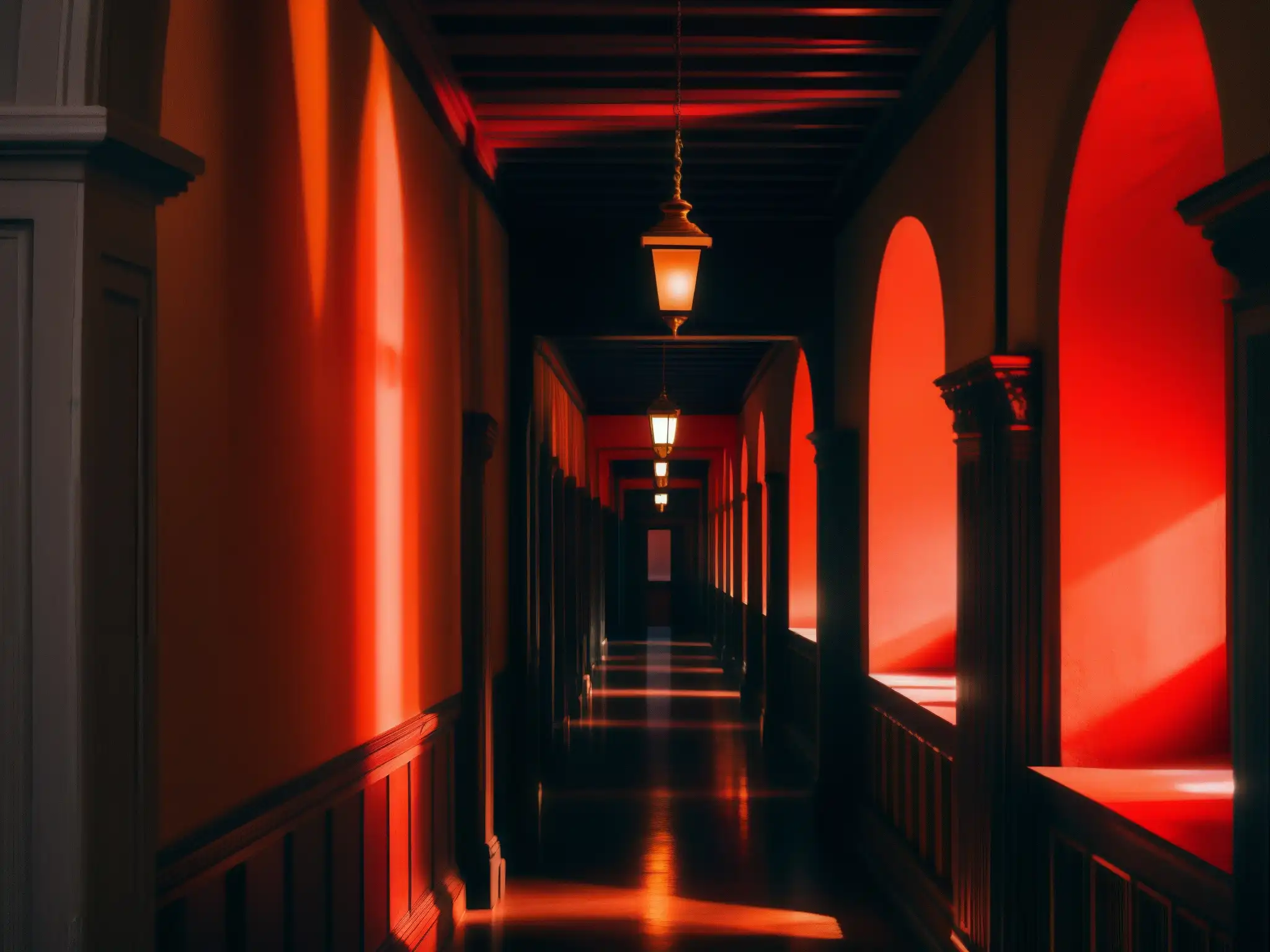 Corredores del Palacio de San Francisco: Misterio y Encanto en Rojo Corredores misteriosos del Palacio de San Francisco con un sutil resplandor rojo, evocando la leyenda de la Dama de Rojo en este histórico lugar