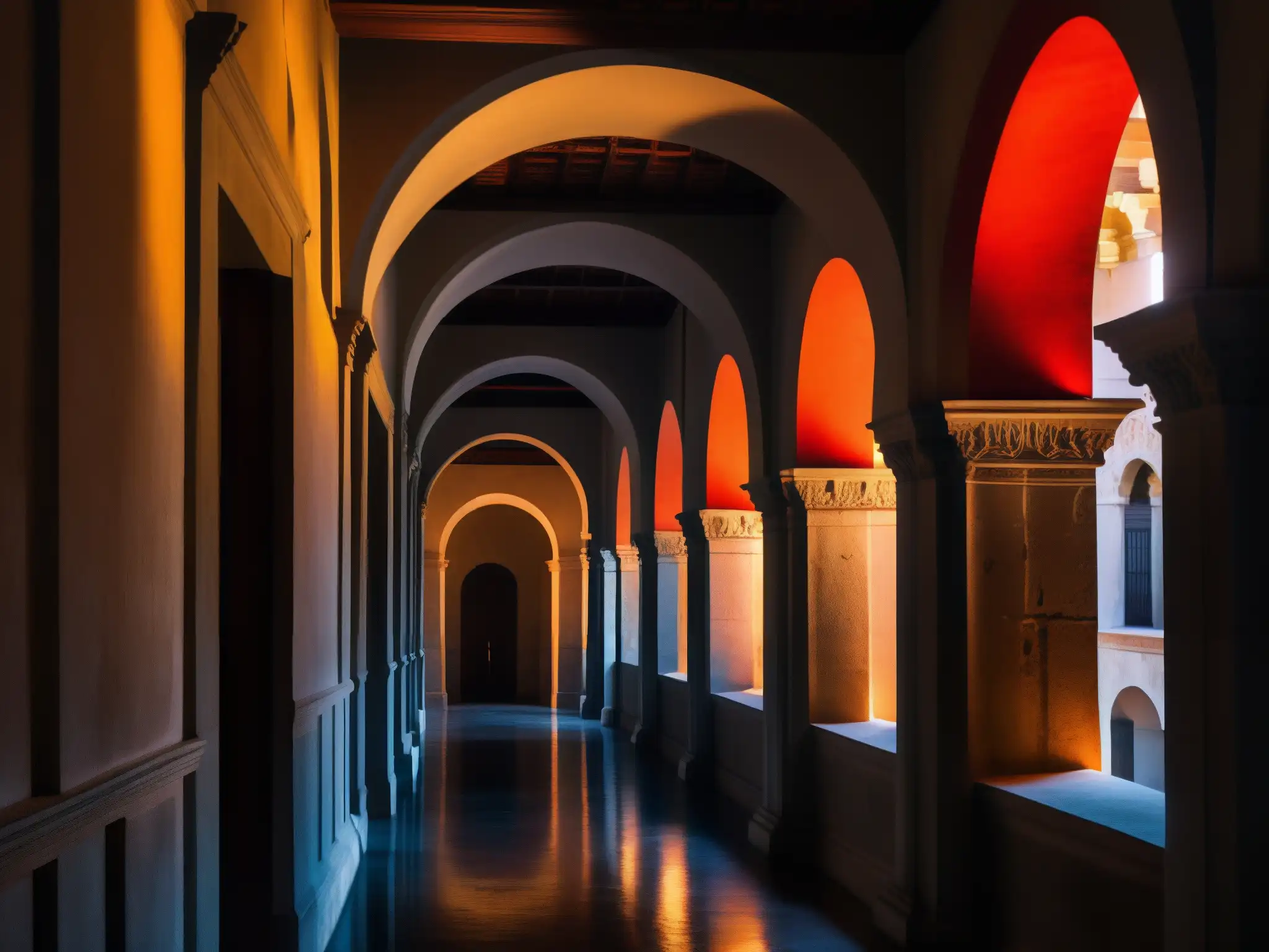 Explora los misterios del Palacio de San Francisco con la Dama de Rojo Corredores sombríos del Palacio San Francisco, evocando el espíritu de la Dama de Rojo con una atmósfera misteriosa y detallada