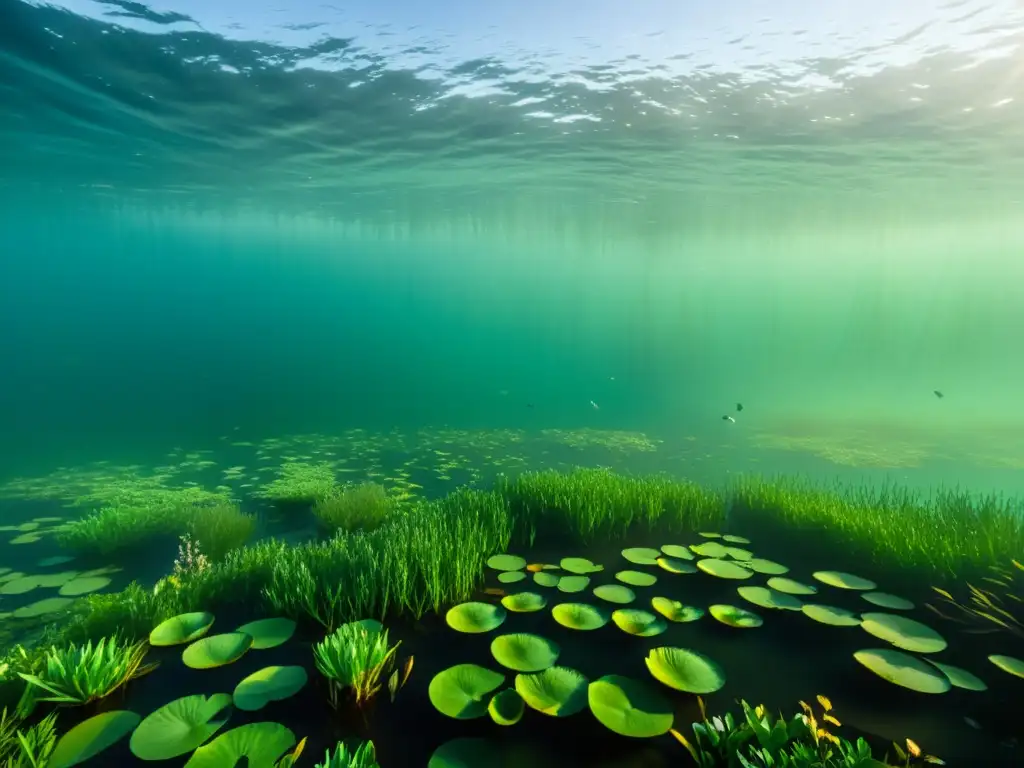 Criaturas legendarias del lago Victoria: imagen detallada de la misteriosa profundidad, con luz filtrándose en la flora acuática