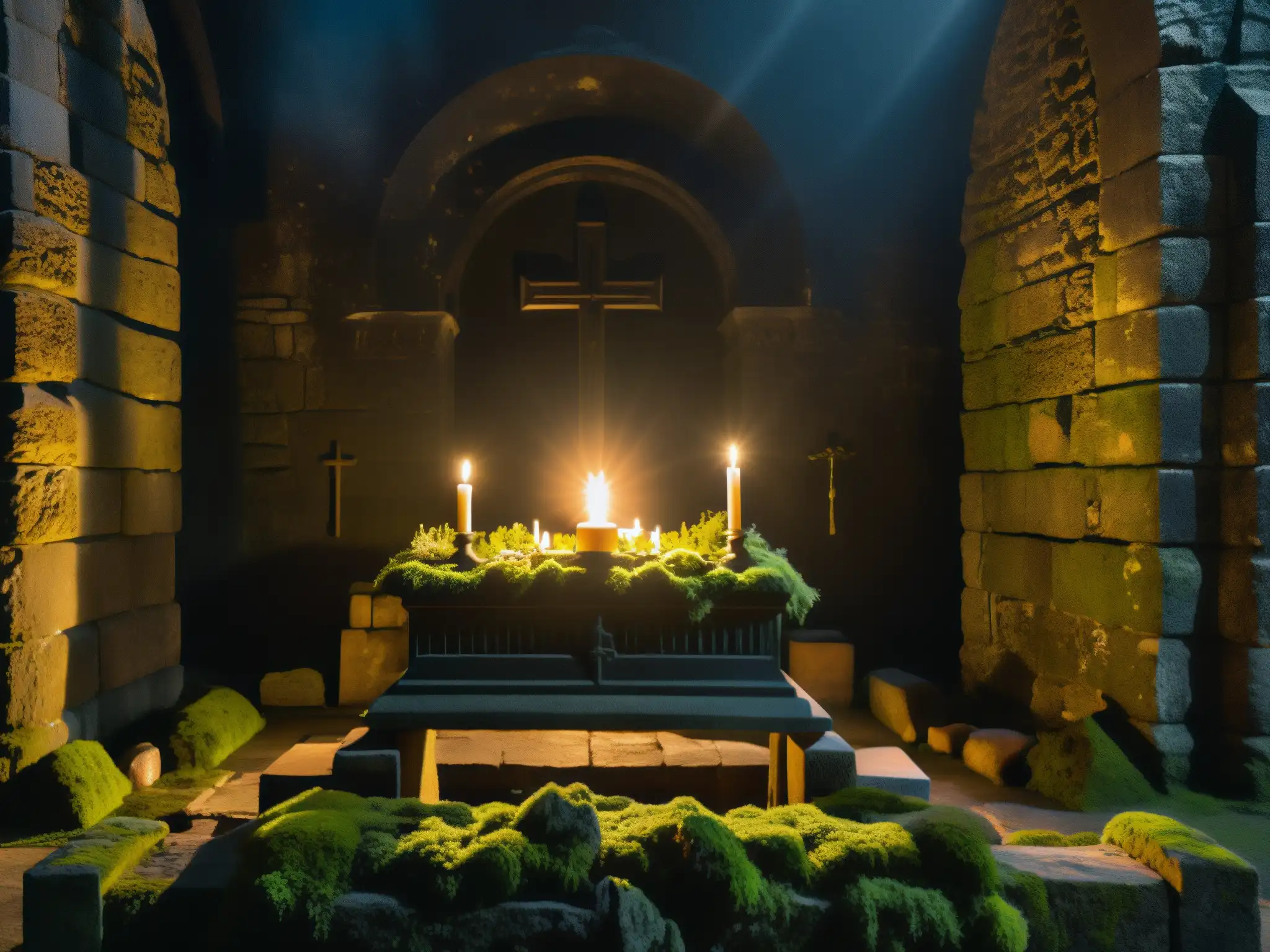 En la cripta de la Iglesia Negra de Escandinavia, la luz tenue ilumina un sarcófago antiguo entre sombras y musgo, evocando relatos sobrenaturales