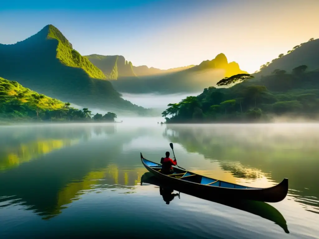 Esplendor matutino en el Lago Volta: pescadores y paisajes Dama del Lago Volta Ghana: Imagen detallada del Lago Volta al amanecer, con pescadores en canoas tradicionales y una atmósfera serena y vibrante
