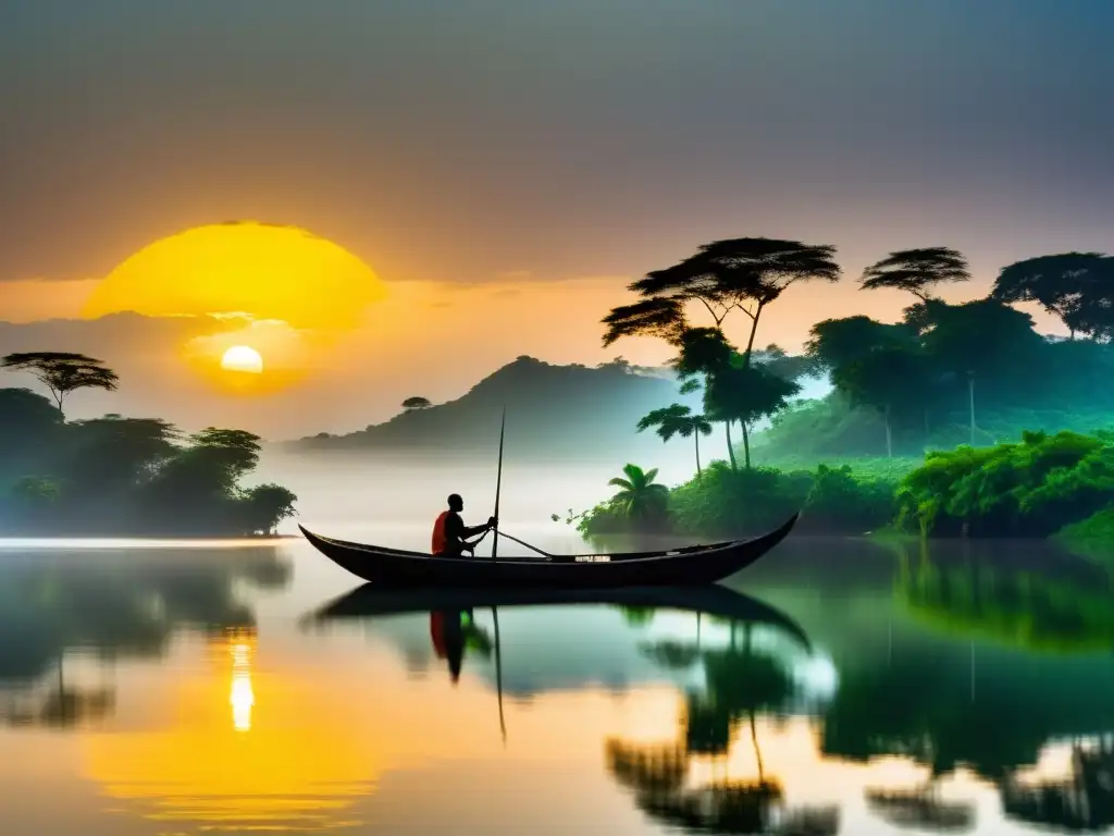 Reflejos místicos en el Lago Volta al amanecer Dama del Lago Volta Ghana: Imagen detallada del sereno lago cubierto de niebla en Ghana, con la belleza tranquila del paisaje al amanecer