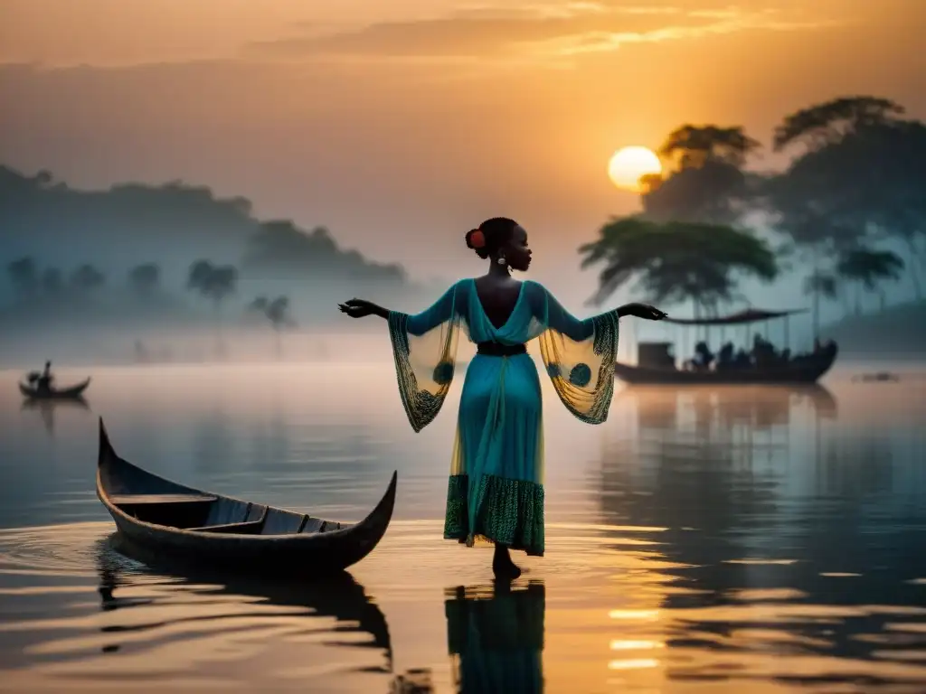 Misterio al atardecer: Mujer en la niebla junto al lago Volta Dama del Lago Volta Ghana: mujer de pie en el lago al atardecer, rodeada de niebla y barcas pesqueras tradicionales