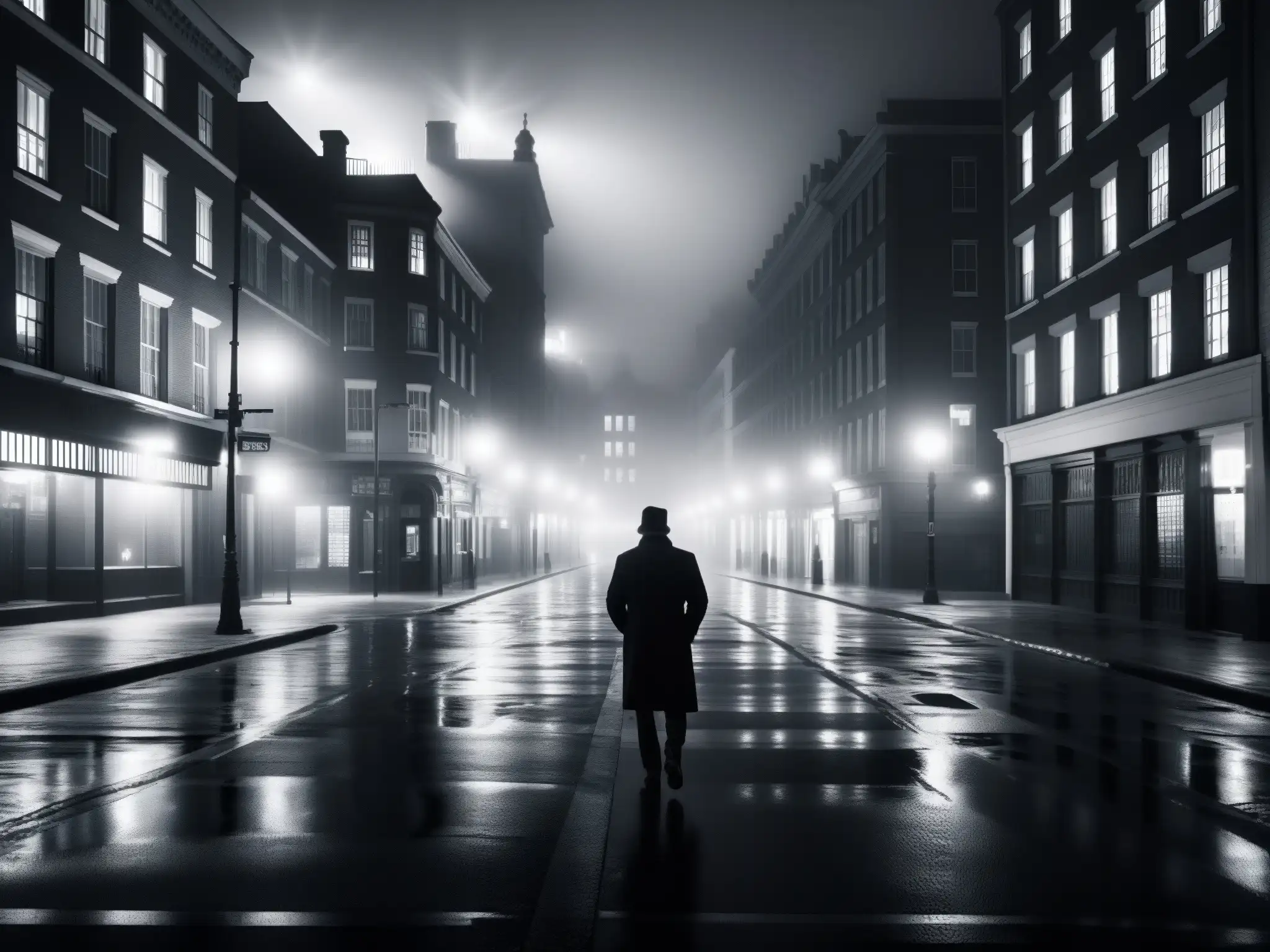 Desolada calle urbana en blanco y negro con niebla Una desolada calle urbana, iluminada por la tenue luz de farolas, envuelta en niebla