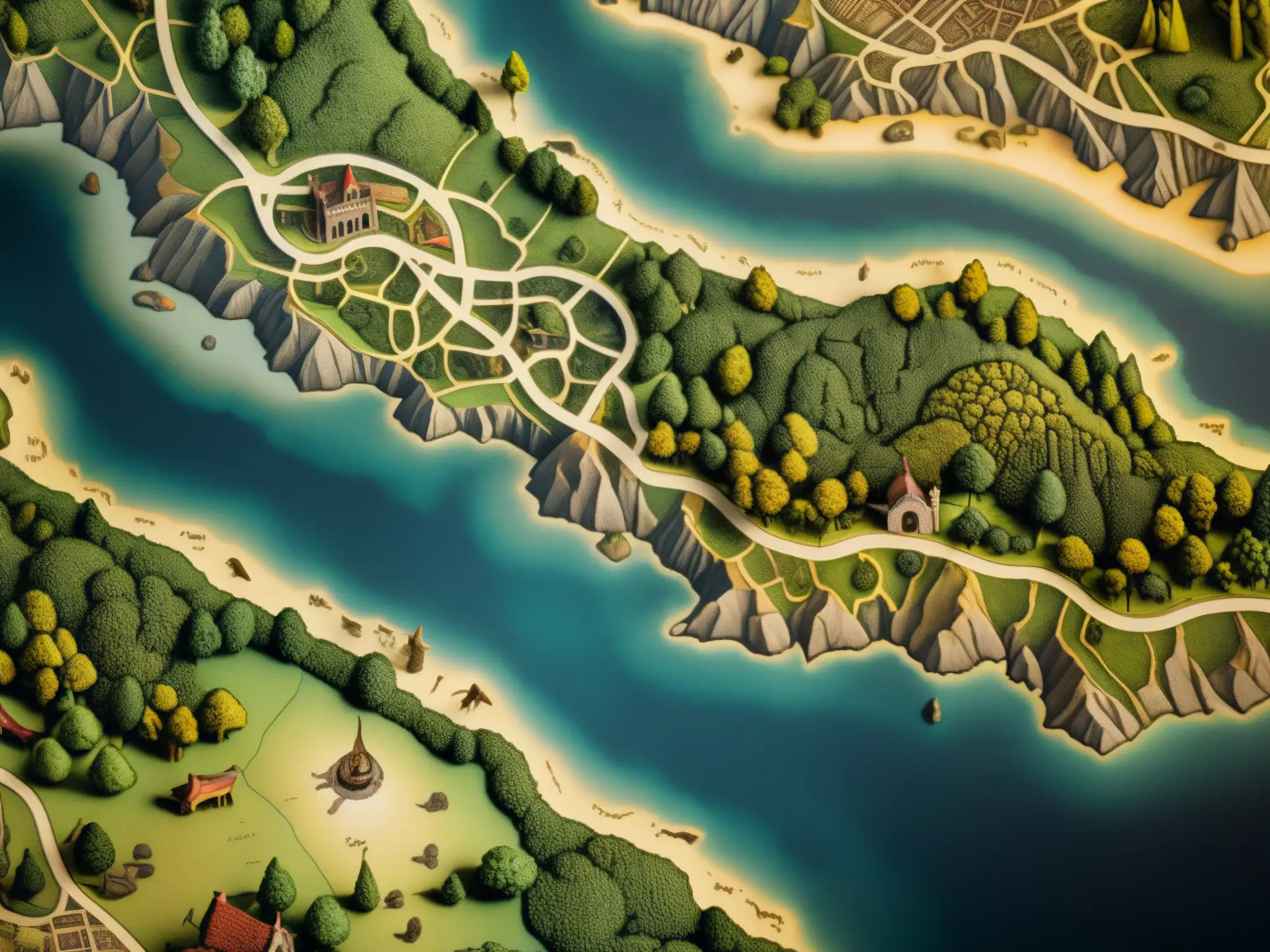 Mapa antiguo con criaturas míticas y leyendas urbanas Una detallada imagen de un antiguo mapa con leyendas urbanas, iluminado por una suave luz cálida, evocando misterio e historia