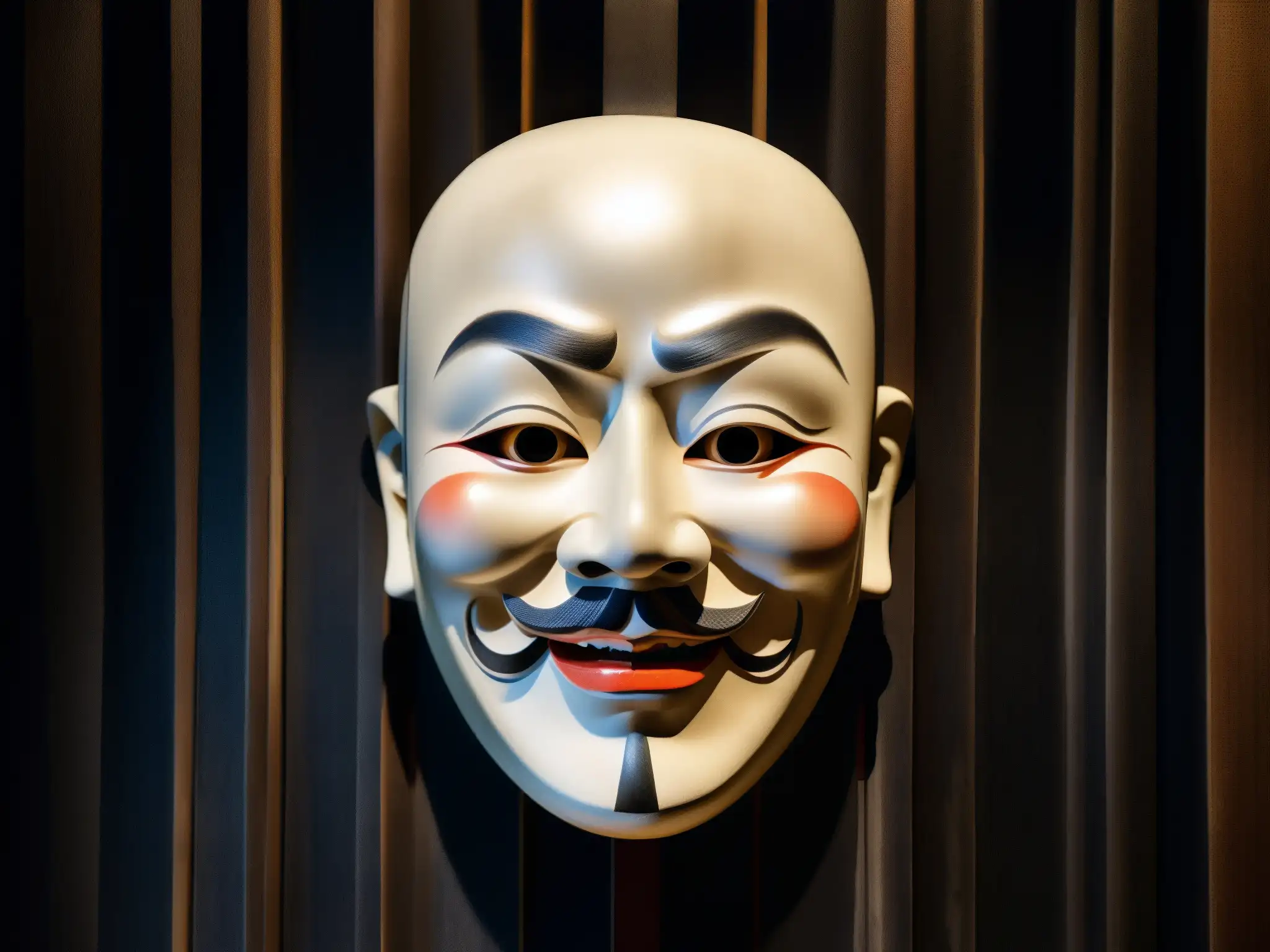 Detallada máscara teatral Noh japonesa del legendario Yotsuya Kaidan, evocando misterio y terror en Japón