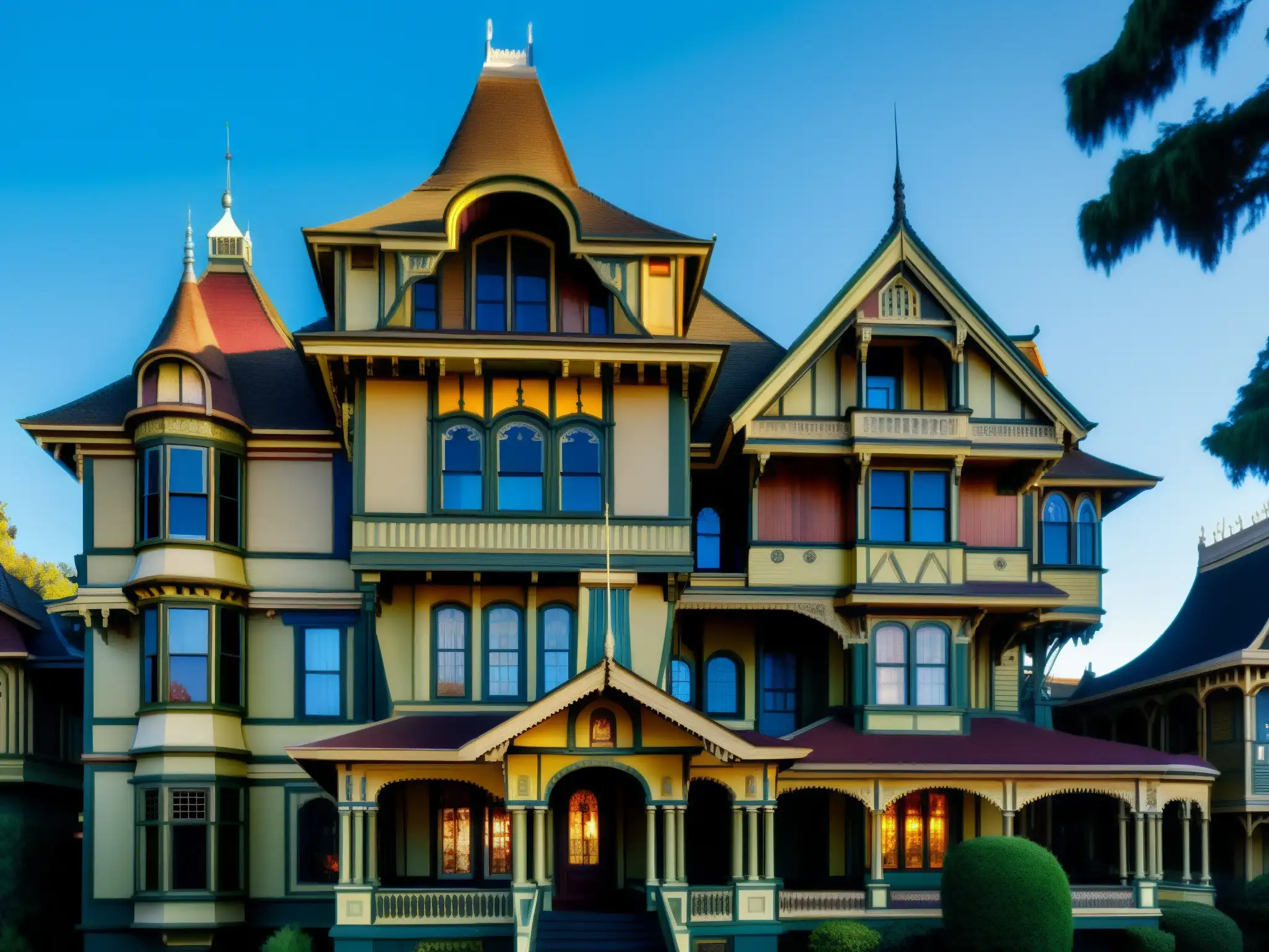 Misteriosa mansión Winchester: arquitectura victoriana detallada Detallada fotografía de la misteriosa Mansión Winchester, evocando su aura histórica y enigmática