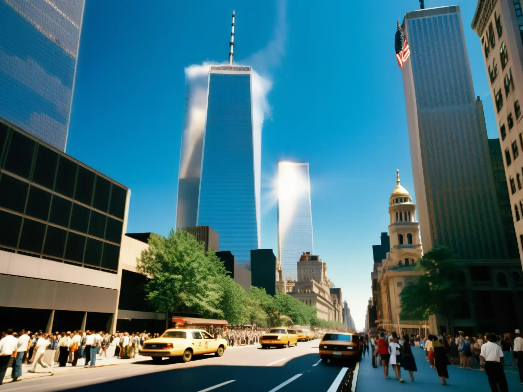 Una fotografía detallada de las Torres Gemelas en la mañana del 11 de septiembre de 2001, con la bulliciosa ciudad abajo y el cielo azul claro arriba