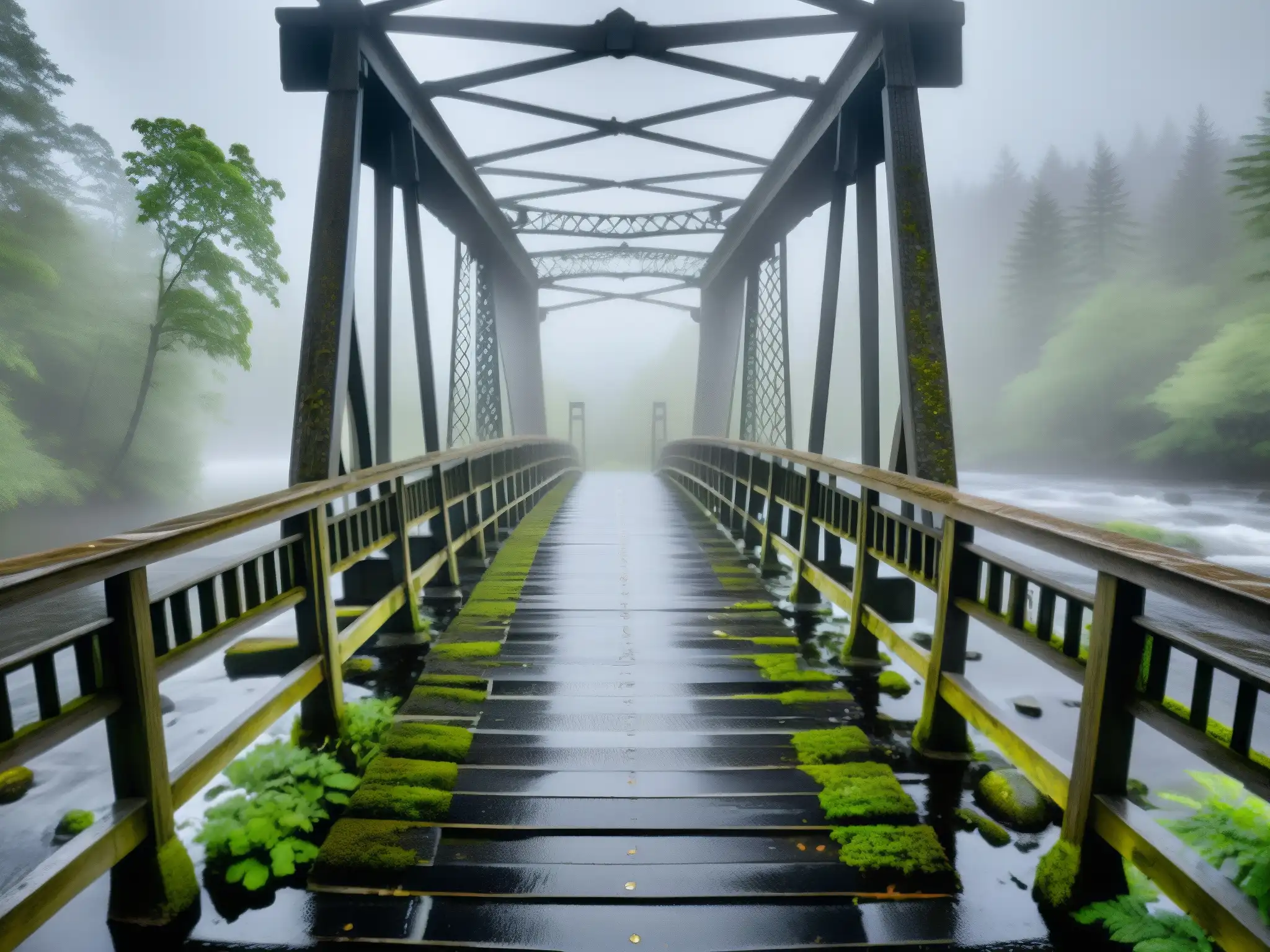 Misteriosa neblina sobre el puente Gold Brook: detalle impresionante Detalle en alta resolución del puente Gold Brook con niebla misteriosa, creando una atmósfera ominosa