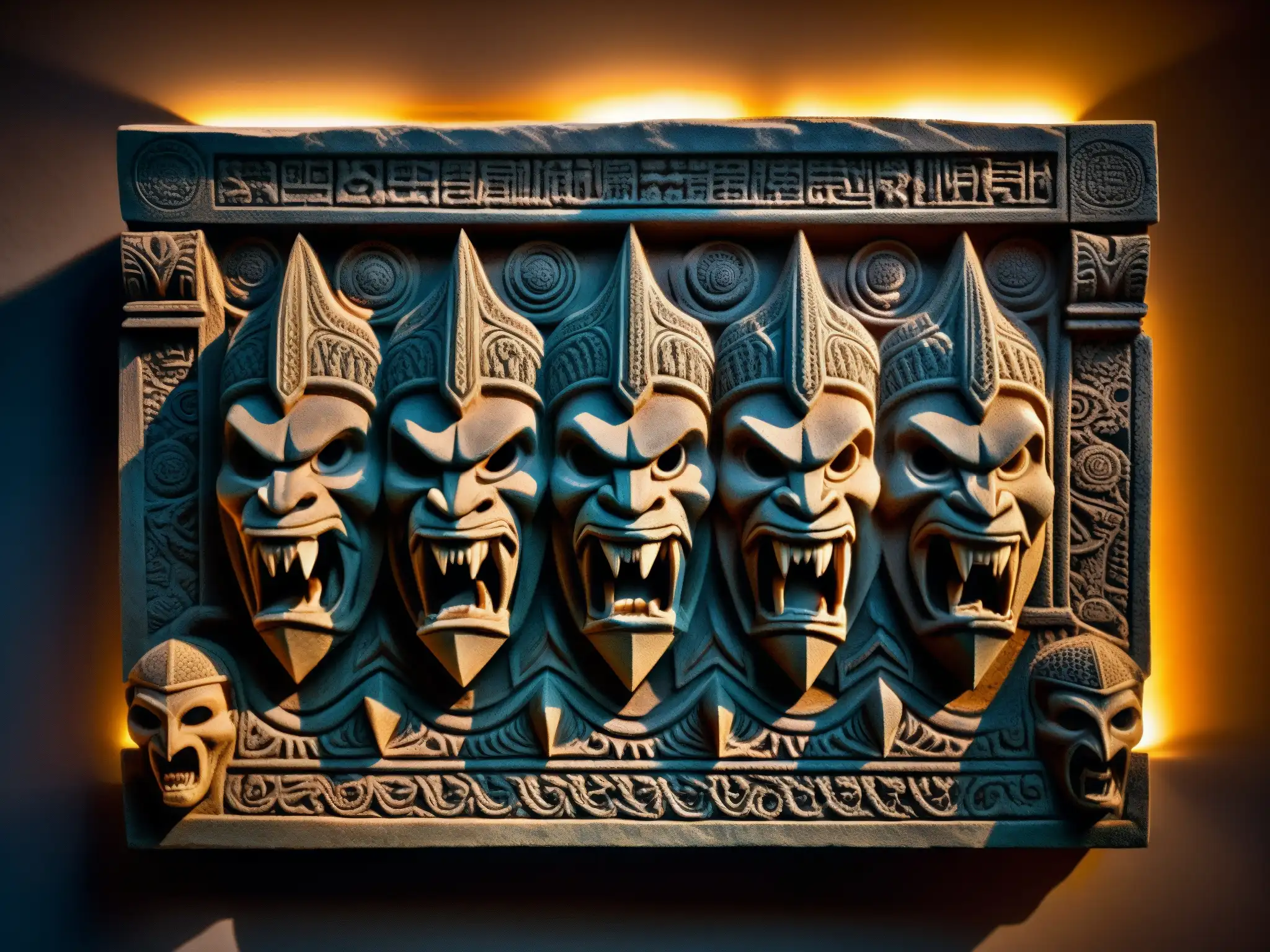 Detalle de una antigua tabla de piedra con tallados de La Pesadilla de Gozu, iluminada por velas, creando una atmósfera misteriosa y tenebrosa