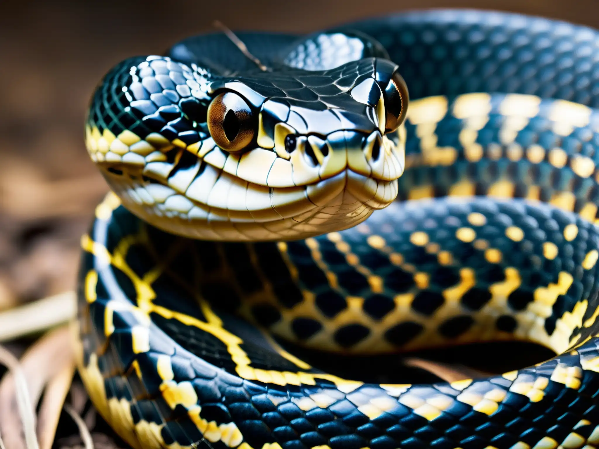 Rey Cobra: Detalles hipnóticos de su piel Detalle asombroso de una majestuosa Cobra Real, con sus escamas hipnóticas en tonos de oliva y marrón