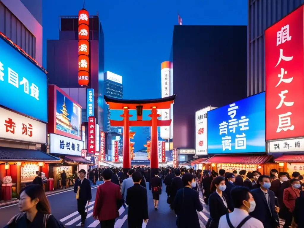 La transformación digital se mezcla con leyendas urbanas en Japón: un santuario tradicional se yergue entre rascacielos iluminados y un yokai digital