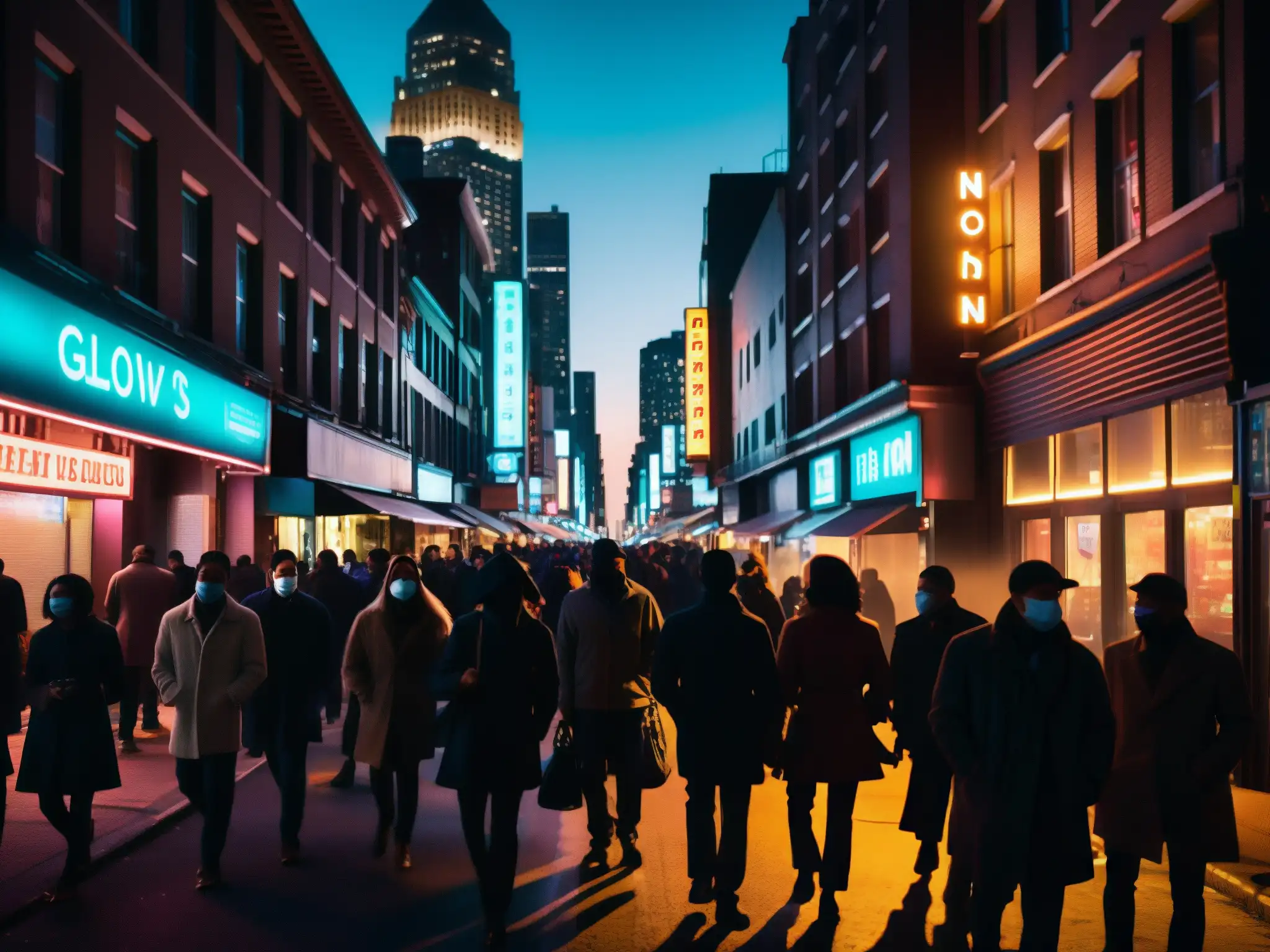 Calles nocturnas misteriosas: la leyenda urbana Una fotografía documental de alta resolución captura una concurrida calle de la ciudad en la noche, con callejones lúgubres y edificios imponentes que crean un sentido de misterio y leyenda urbana