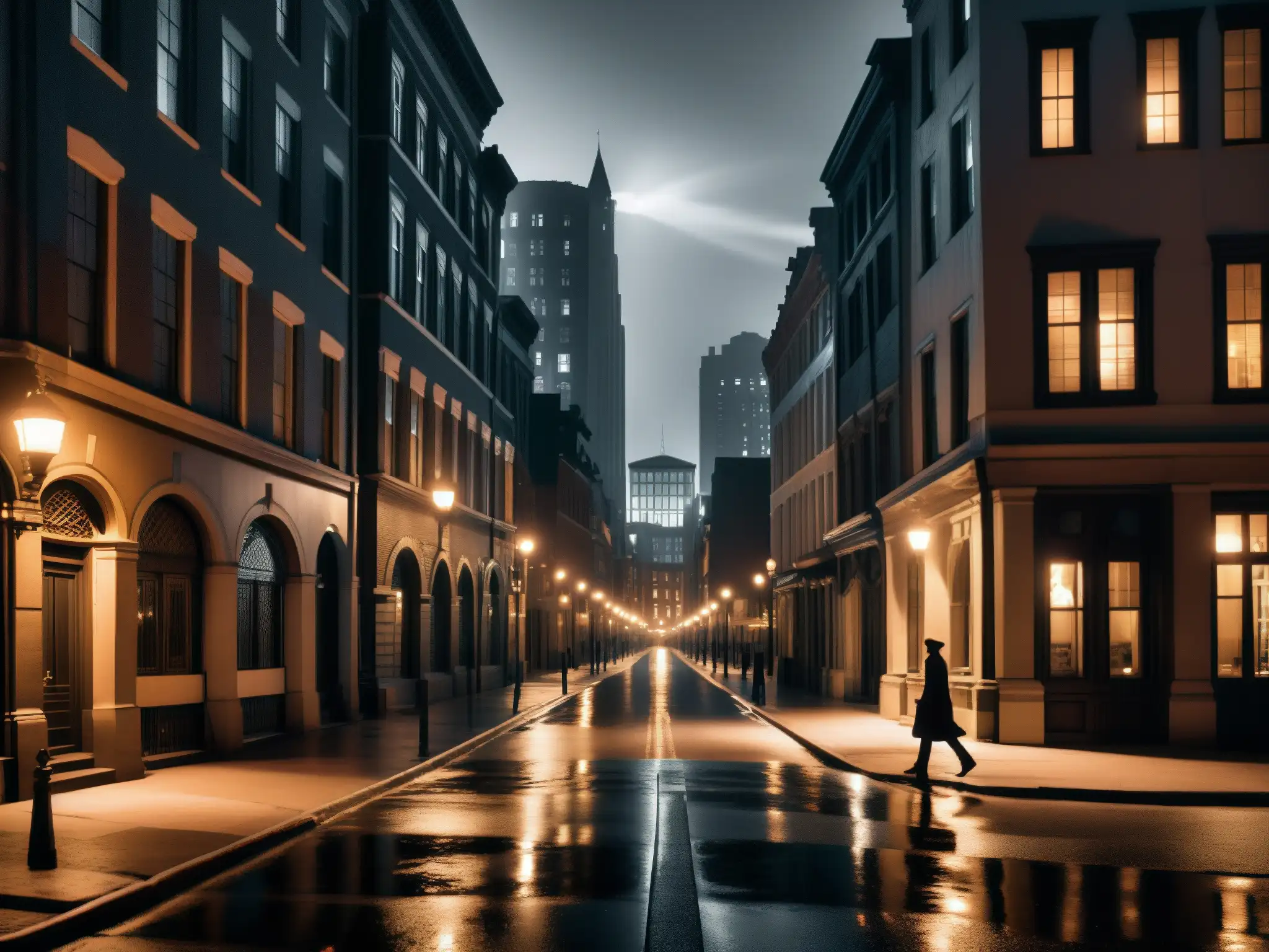Escena nocturna en la ciudad: misterio y soledad urbanos Documentales preservación leyendas urbanas: Solitario caminante en misteriosa calle nocturna, edificios iluminados y atmósfera enigmática