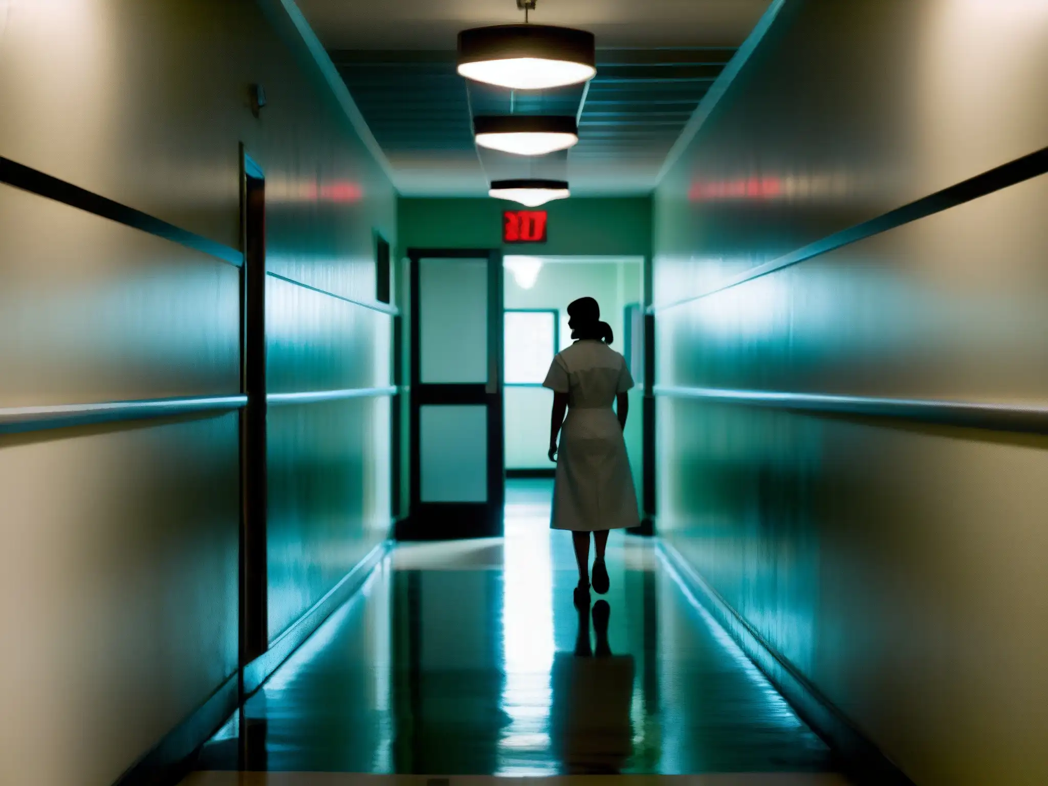 La Planchada: Misterio en el Hospital Una enfermera en un pasillo de hospital vintage