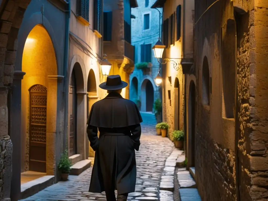 Figura misteriosa en callejón italiano Enigmática figura oscura en un callejón italiano, evocando el origen y significado del mito L'Uomo Nero