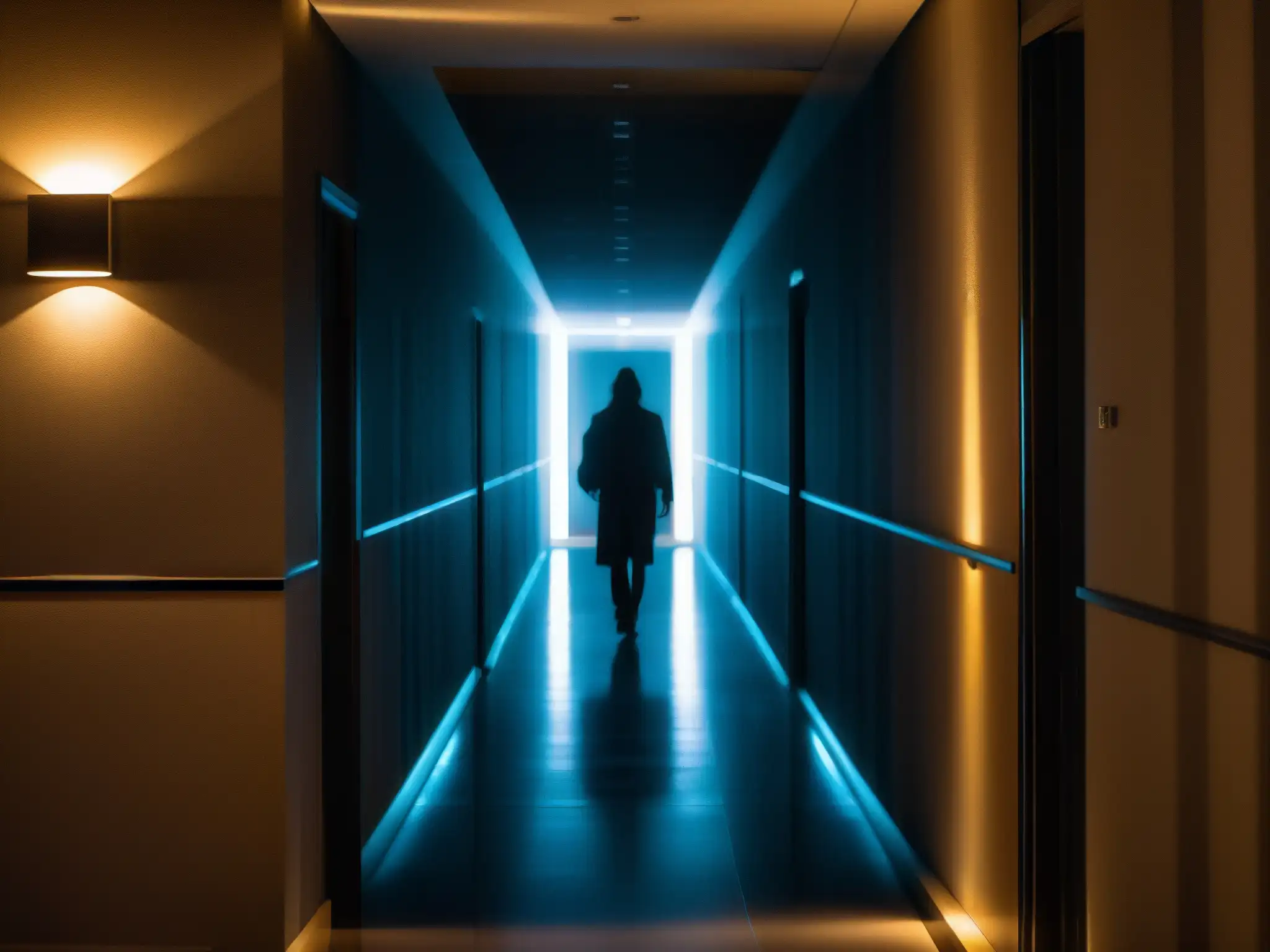 Fantasma etéreo en pasillo misterioso de Grand Paradi Towers Enigmática presencia fantasmal en el pasillo de Grand Paradi Towers, emanando un aura de origen y misterio