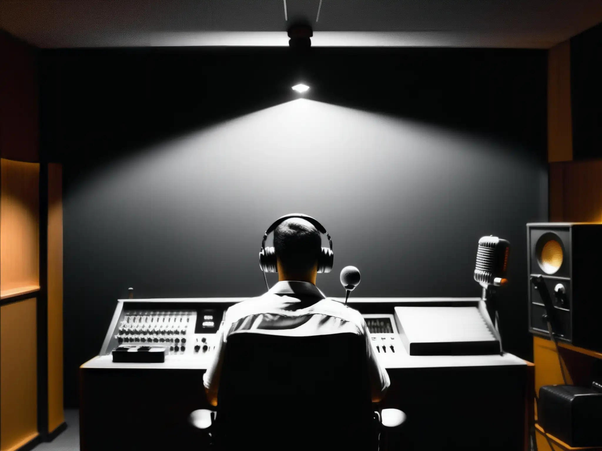 Estudio de radio misterioso de La Mano Peluda Enigmático estudio de radio de La Mano Peluda, el enigma detrás de la leyenda, con una atmósfera misteriosa y vintage