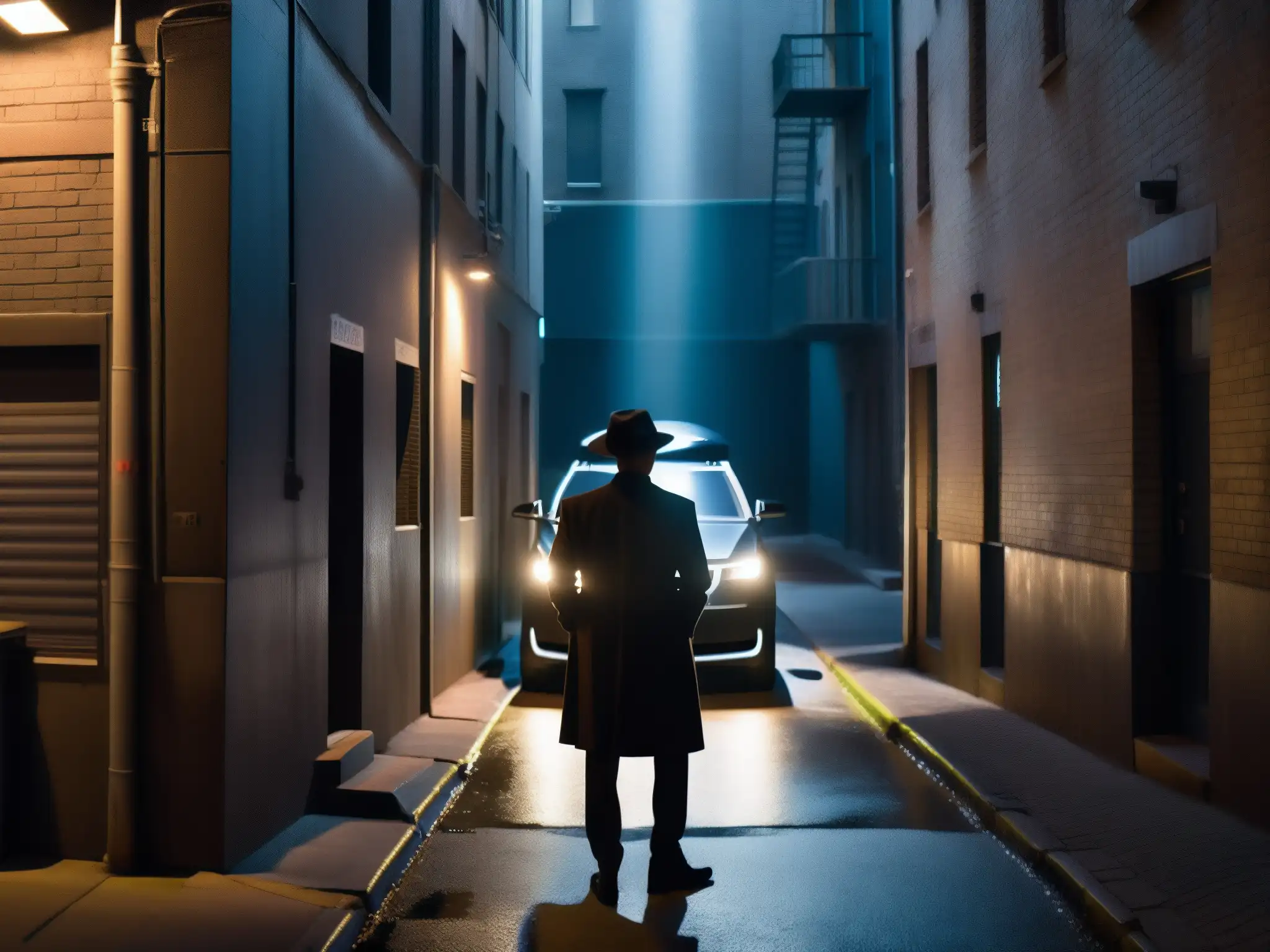 Misterioso Hombre de Negro en Callejón Futurista Un enigmático hombre de negro en un callejón oscuro con un vehículo futurista, capturando la atmósfera misteriosa de los Men in Black