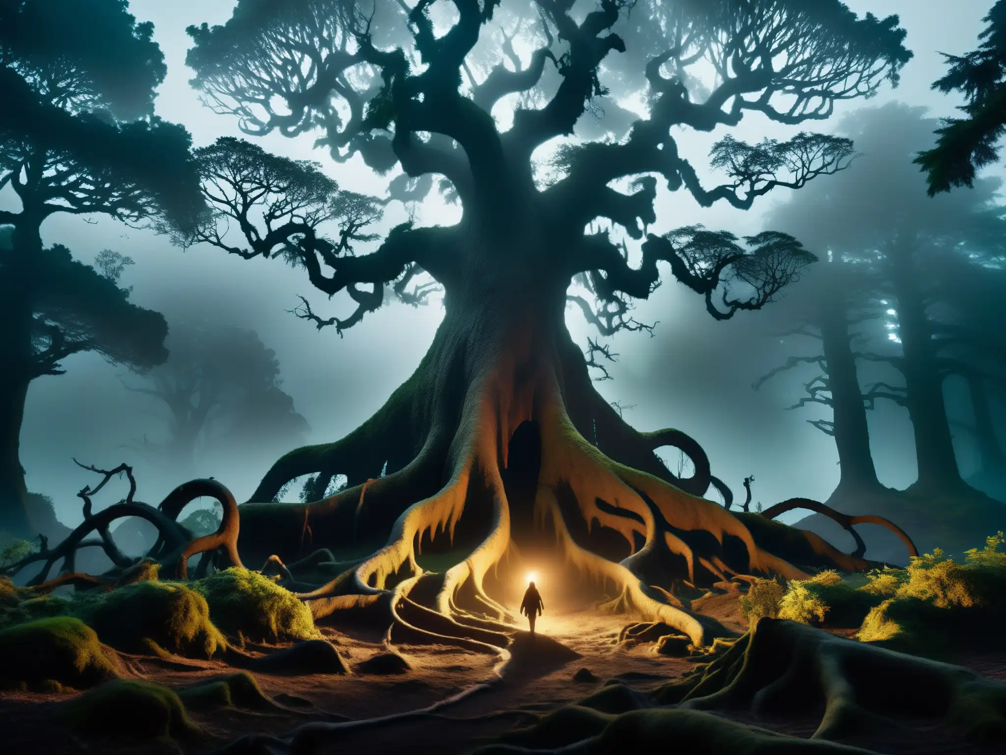 Mujina: Misterio en el Bosque Oscuro - Imagen 8k Enigmático bosque neblinoso con un ser misterioso de ojos brillantes, evocando la leyenda de la Mujina: mitología japonesa cambiaformas