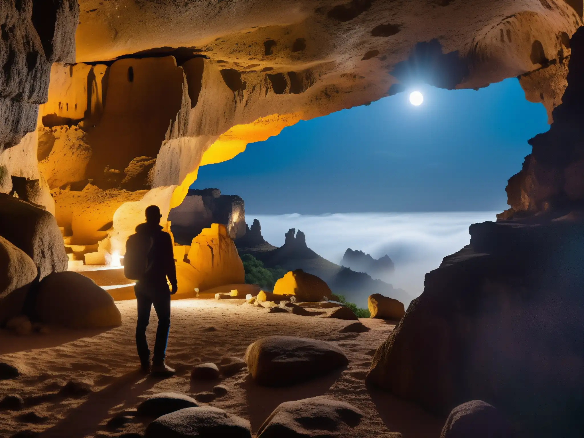 Misteriosa Cueva de la Olla bajo la luz de la luna llena Entrada misteriosa a la Cueva de la Olla mitos leyendas urbanas bajo la luz de la luna, con figuras sombrías y neblina