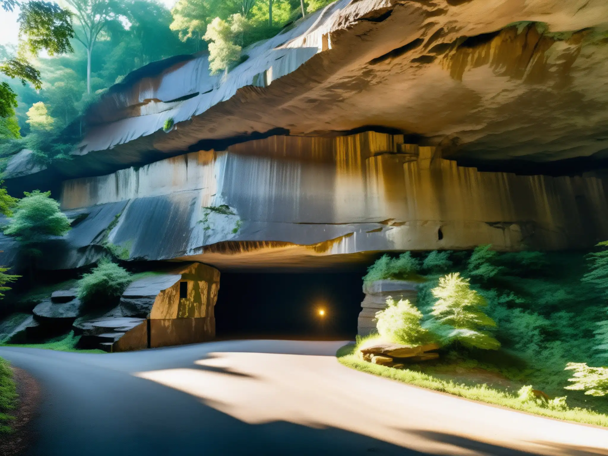 Entrada misteriosa de la Cueva Bell Witch en Tennessee La entrada de la cueva Bell Witch rodeada de bosque denso, con una sensación de aislamiento inquietante