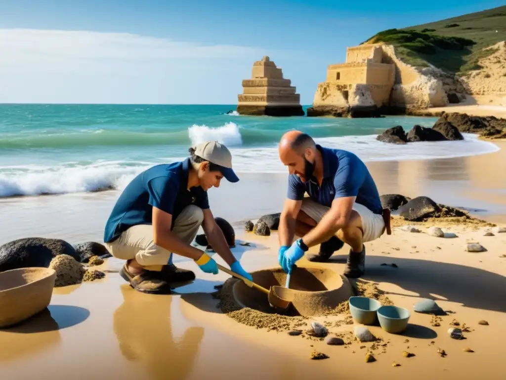 Un equipo de arqueólogos excava restos antiguos en la costa de Cádiz, España, revelando tesoros perdidos