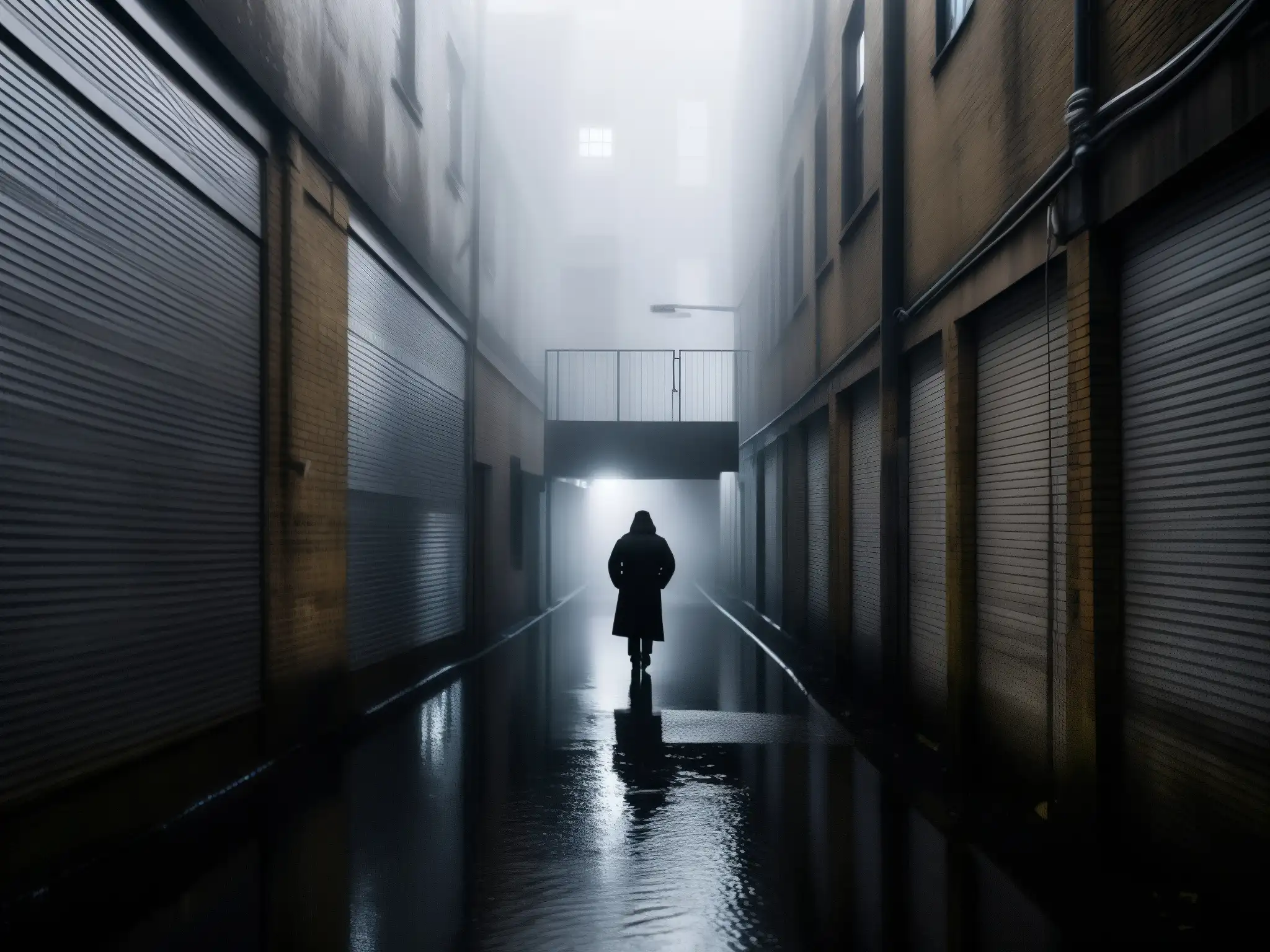 Una escalofriante foto en blanco y negro de un callejón urbano tenue, con niebla y la figura de un personaje en la distancia
