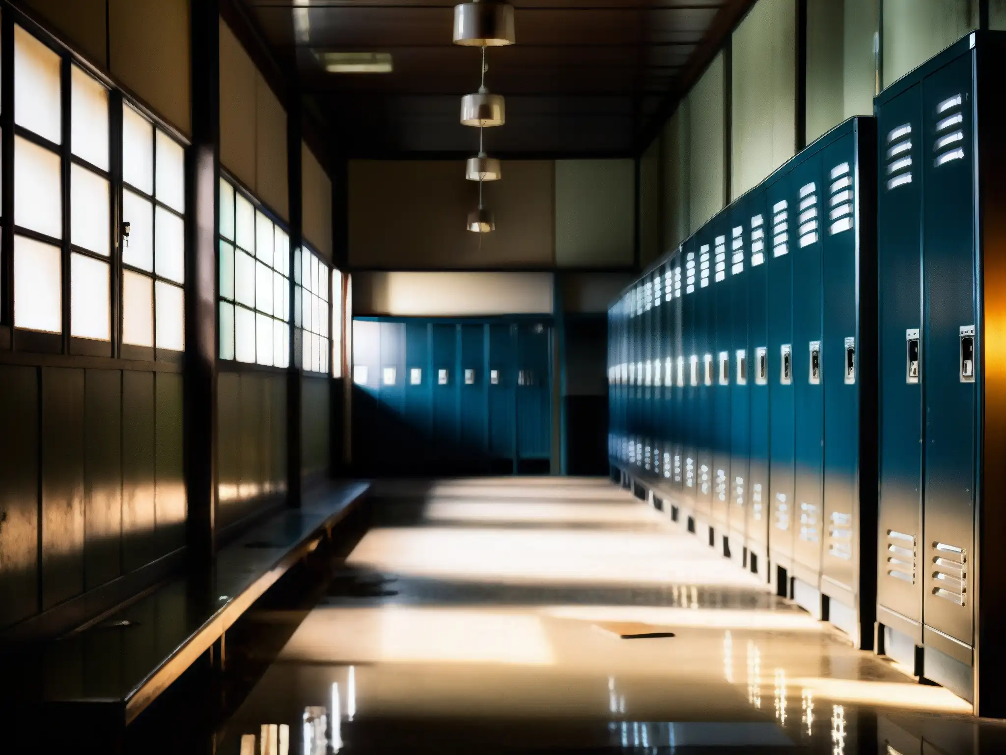 Escalofriante escena en un pasillo de escuela japonesa abandonada Escalofriante pasillo de escuela japonesa con uniforme abandonado y figura misteriosa cerca de aula cerrada