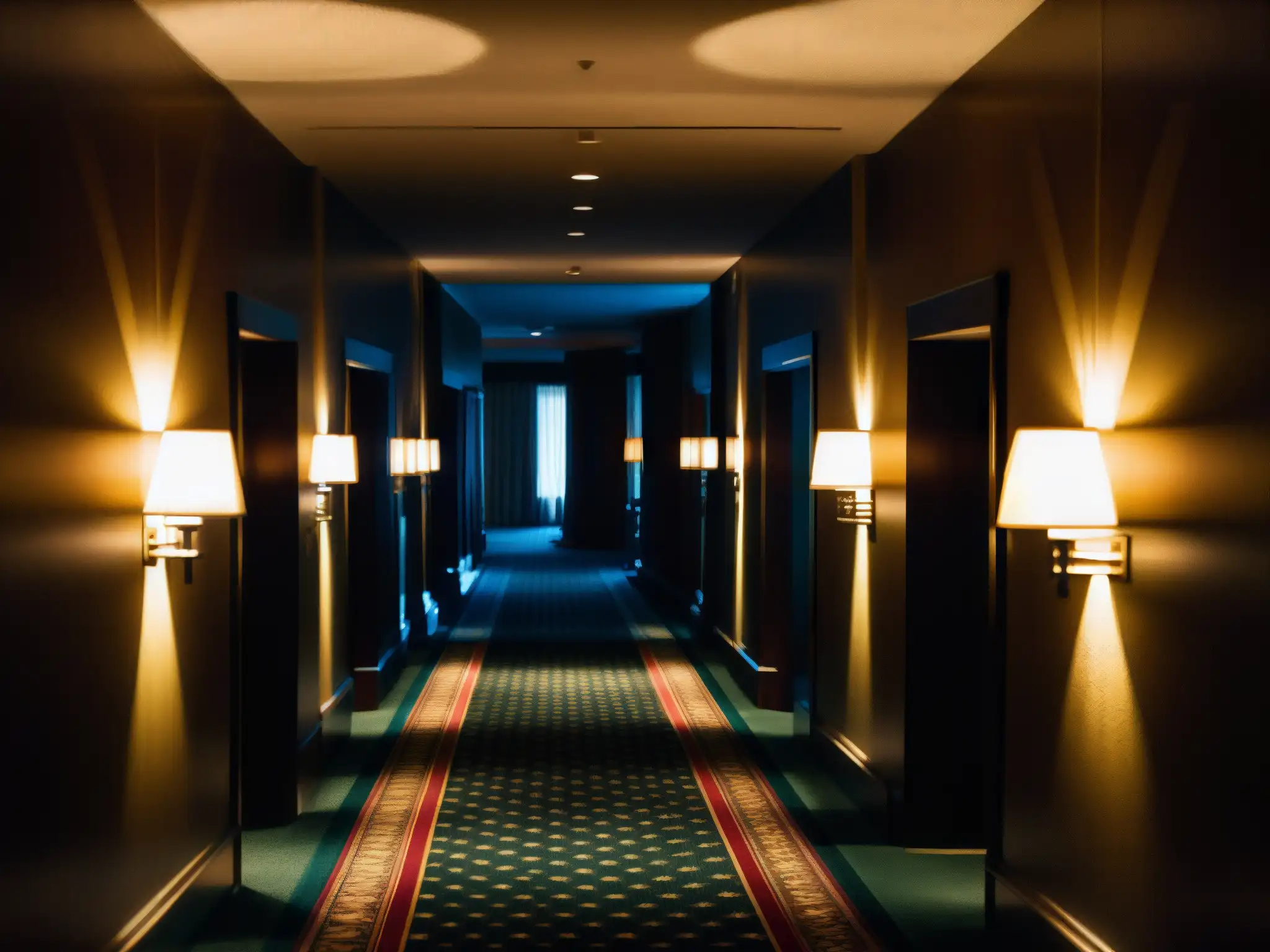 Hallway del Hotel Fairmont Banff Springs: Misterio Histórico Escalofriante pasillo del Hotel Fairmont Banff Springs, con sombras misteriosas y atmósfera histórica