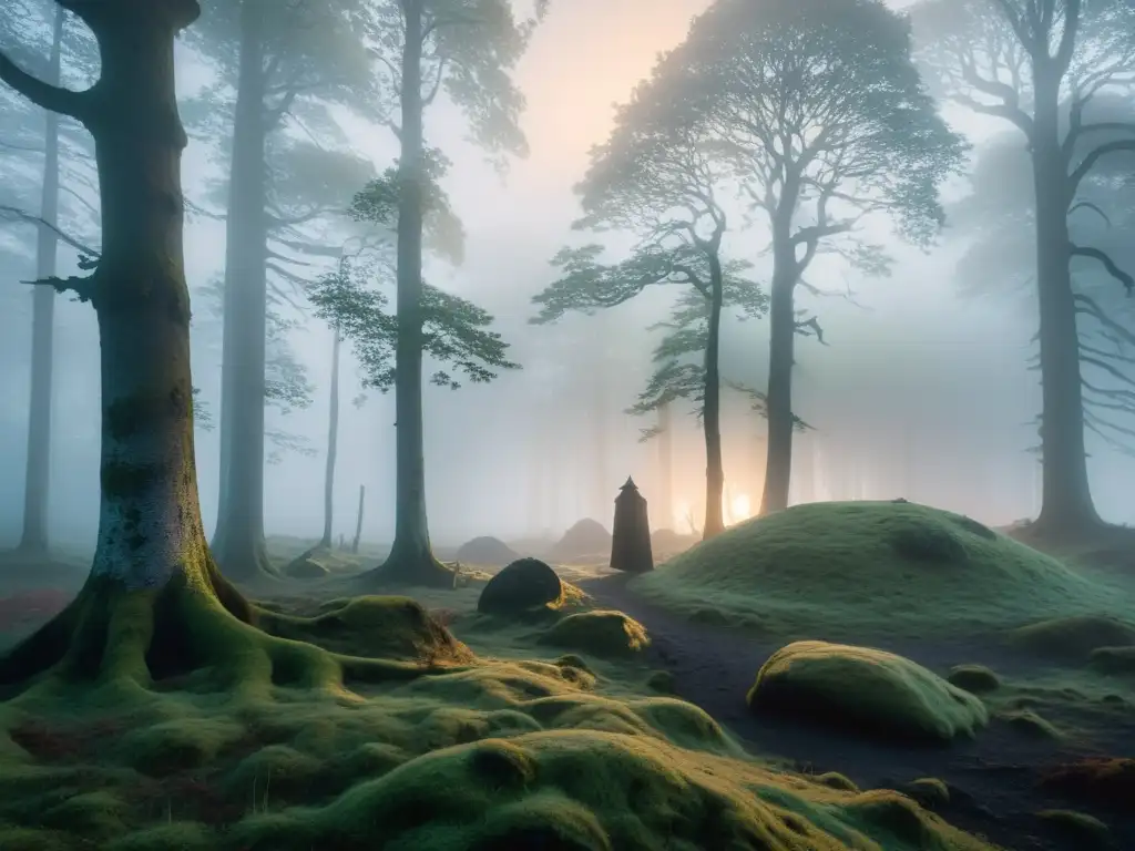 Bosque escandinavo neblinoso al amanecer con Draugar Draugar en bosque escandinavo: niebla, misterio y leyendas urbanas