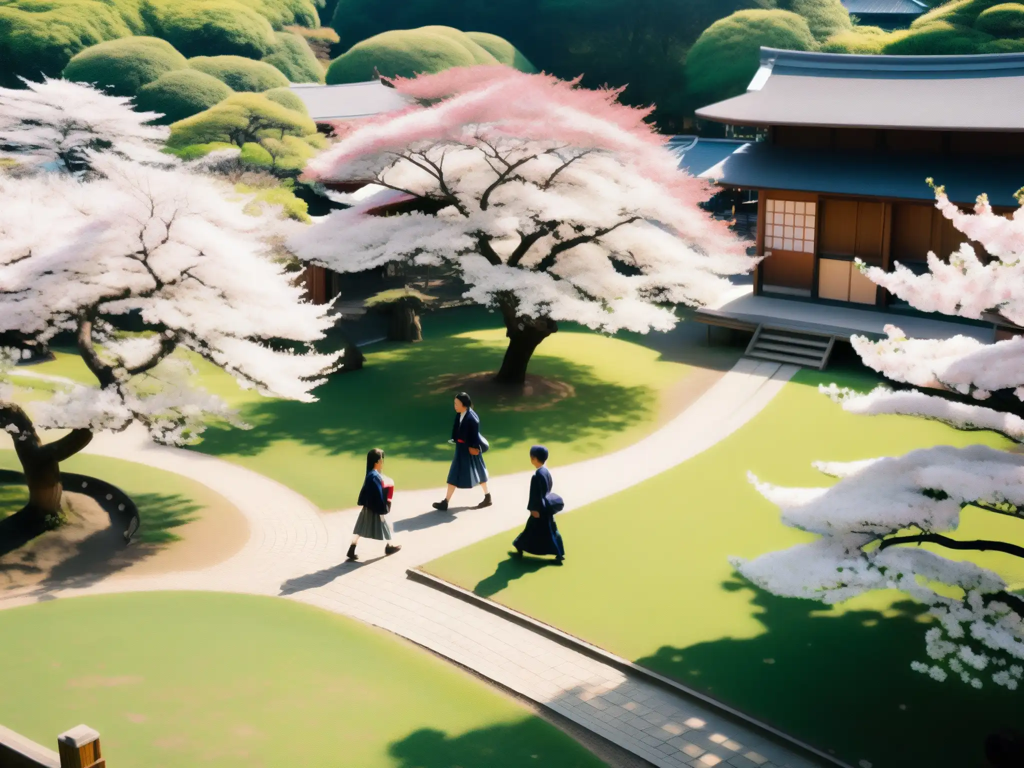Escuela japonesa entre cerezos en flor: Hanakosan Escena mágica en el patio de una escuela japonesa, con estudiantes y sakuras en flor