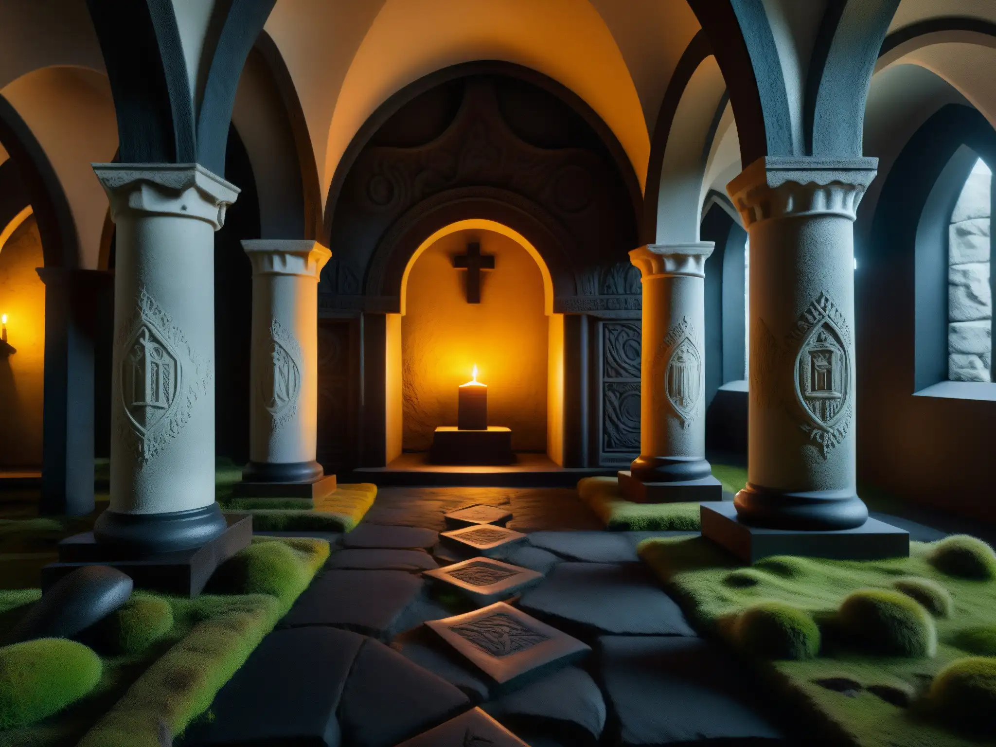Escena misteriosa en la cripta de la Iglesia Negra de Islandia, con pilares de piedra tallada, sombras y un mural sobrenatural iluminado por una vela