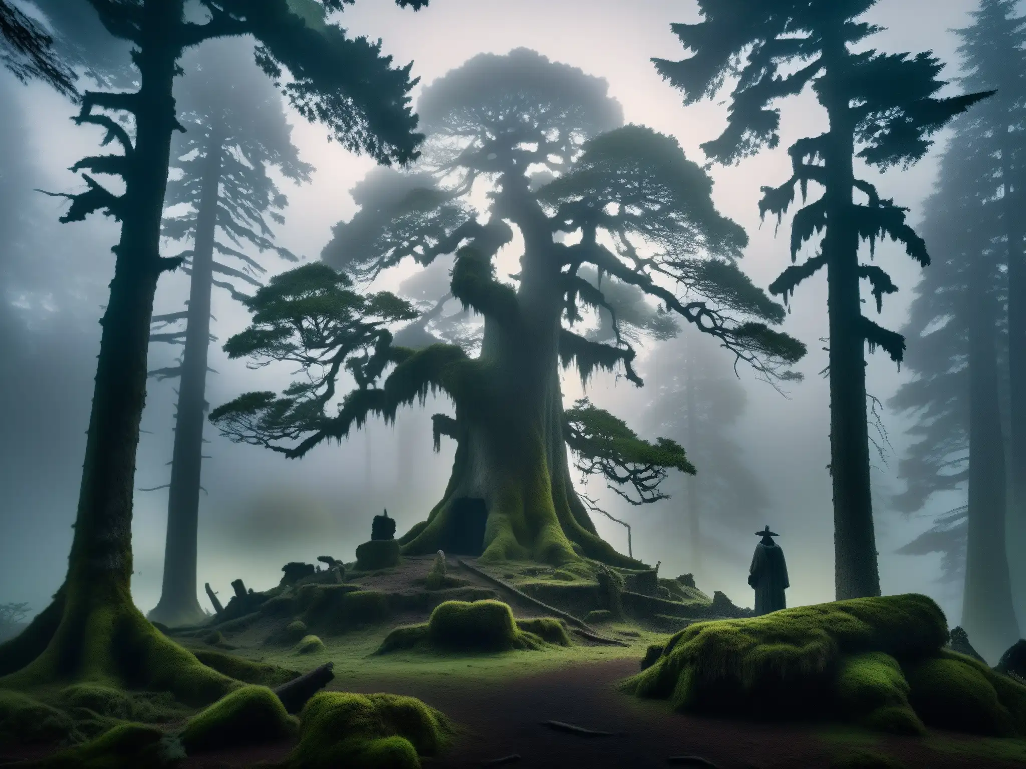 Escena misteriosa: bosque neblinoso al anochecer, árboles retorcidos y sombríos, un santuario antiguo y figura fantasmal