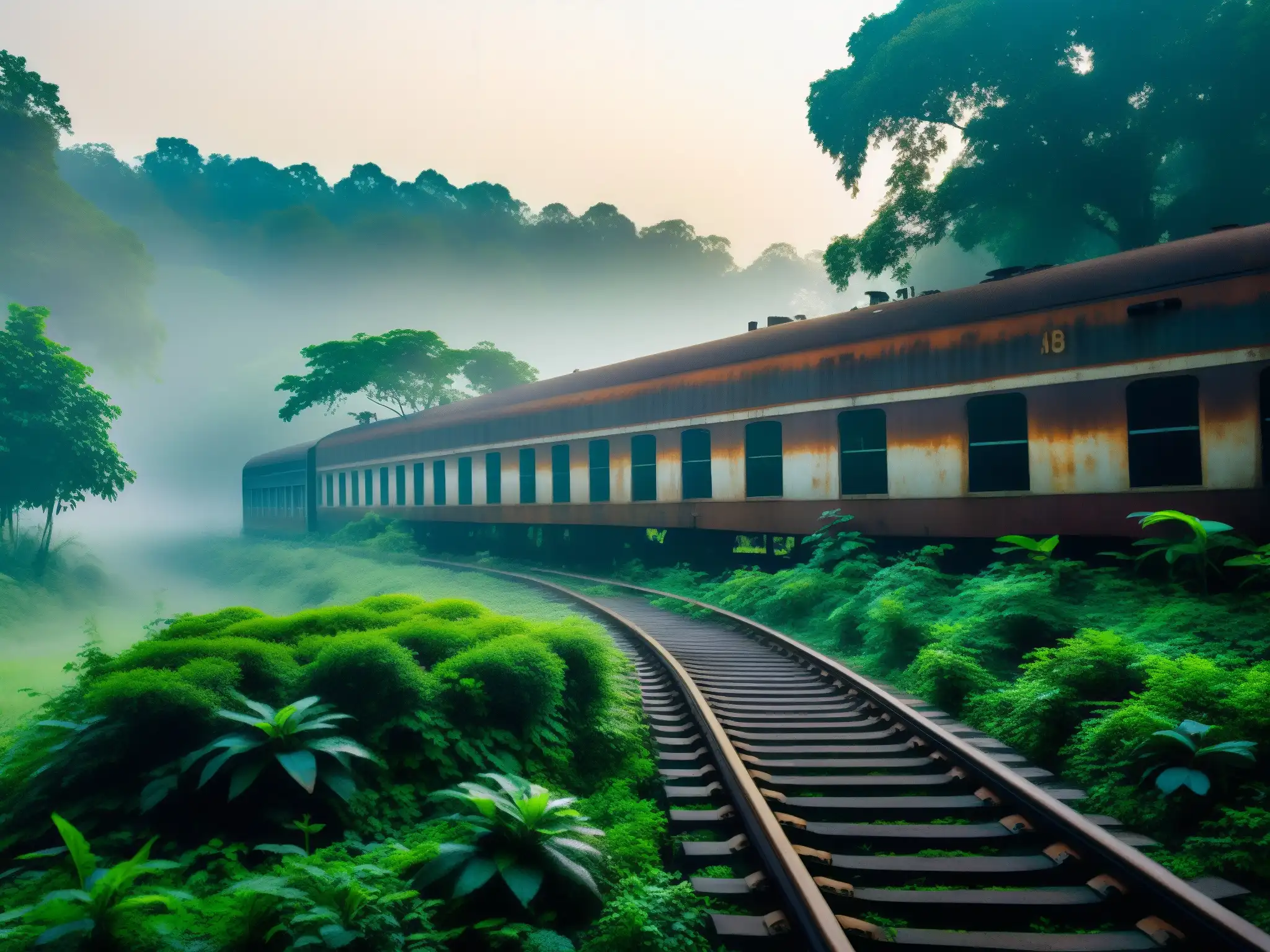 Estación de tren fantasmal en la neblina de Bengal Escena misteriosa de un tren abandonado en la exuberante naturaleza de Bengal